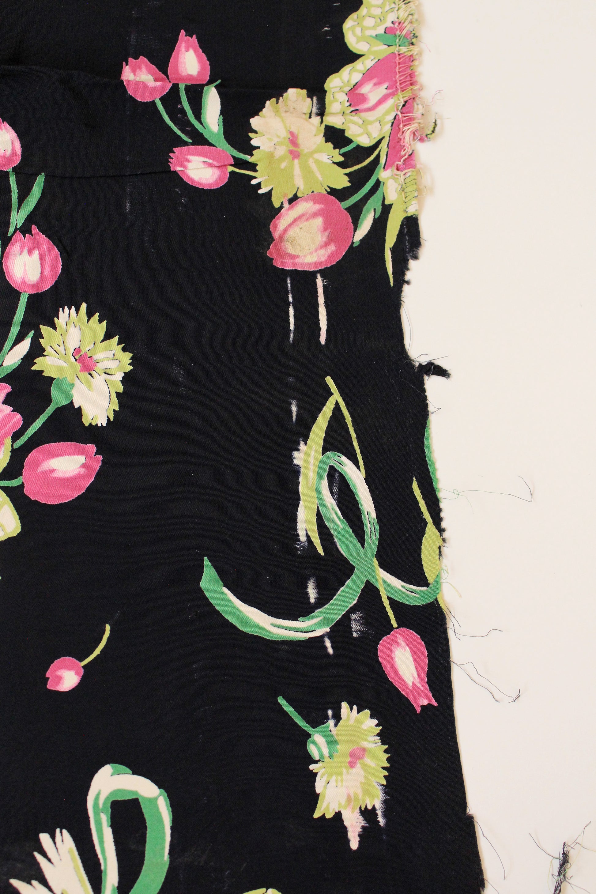 1940s Black Rayon Fabric With Pink And Green Tulip Bouquets, 5.5 Yards