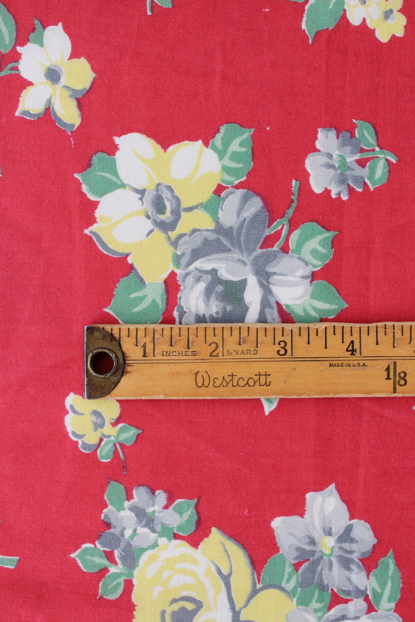 1950s Deep Pink With Yellow And Grey Flower Cotton Sewing Fabric, 5 Yards