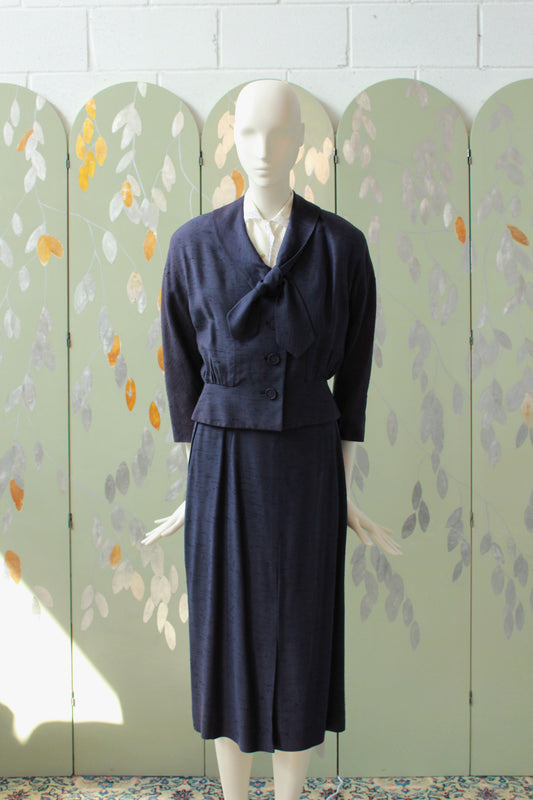 Vintage 1960s Navy Skirt Set With V Neck Bow Closure, XS W25