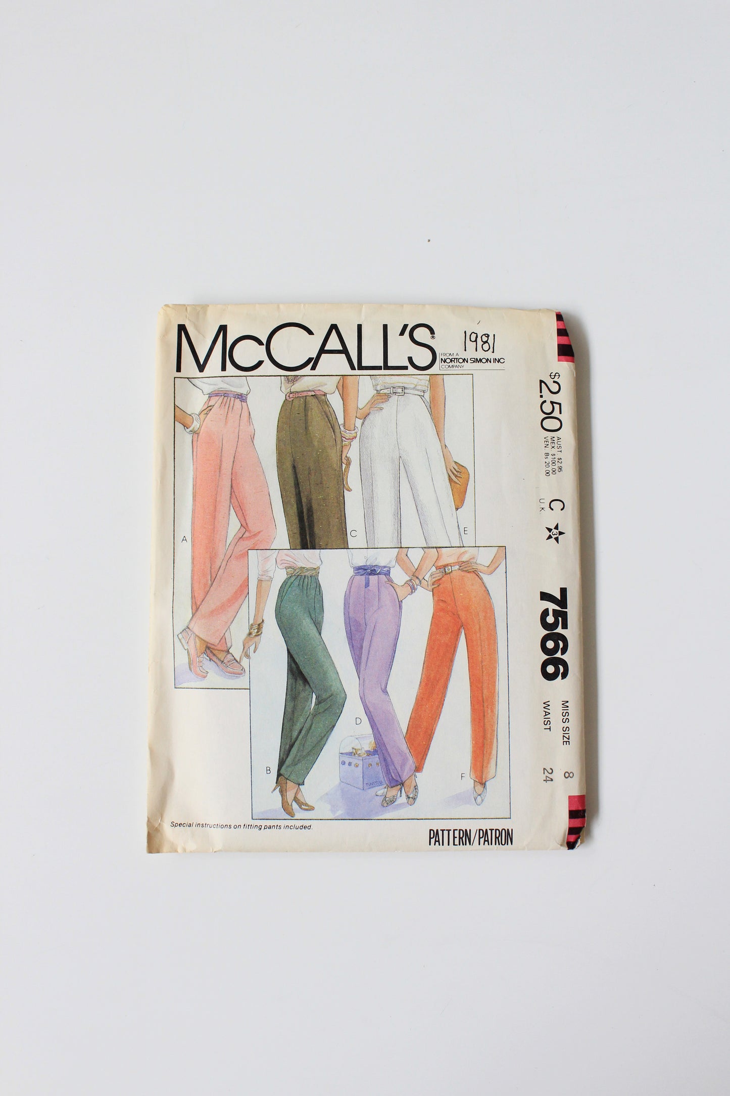 1980s Wide And Tapered Pants McCalls 7566 Sewing Pattern, Uncut Size 8