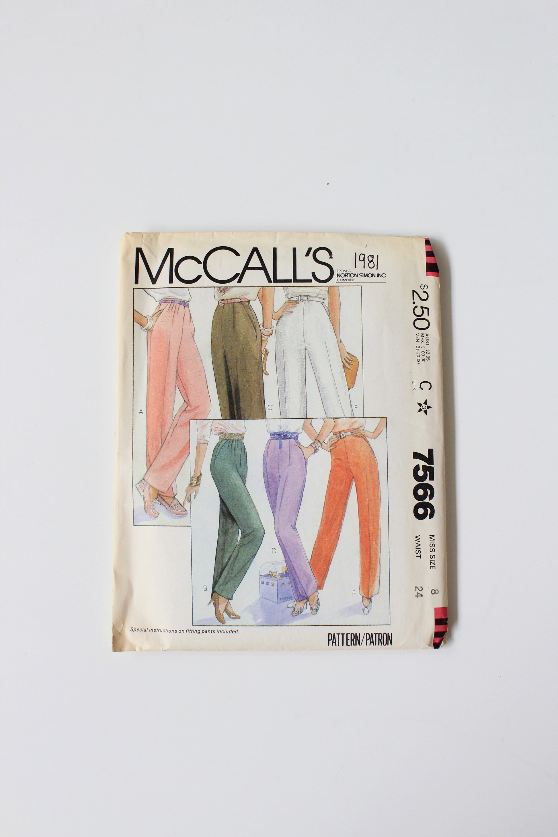 1980s Wide And Tapered Pants McCalls 7566 Sewing Pattern, Uncut Size 8