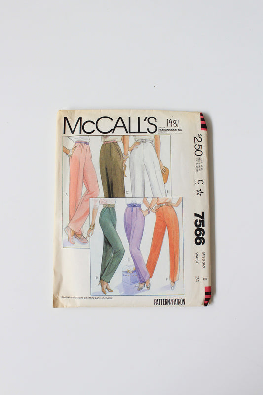 1980s Wide And Tapered Pants McCalls 7566 Sewing Pattern, Uncut Size 8