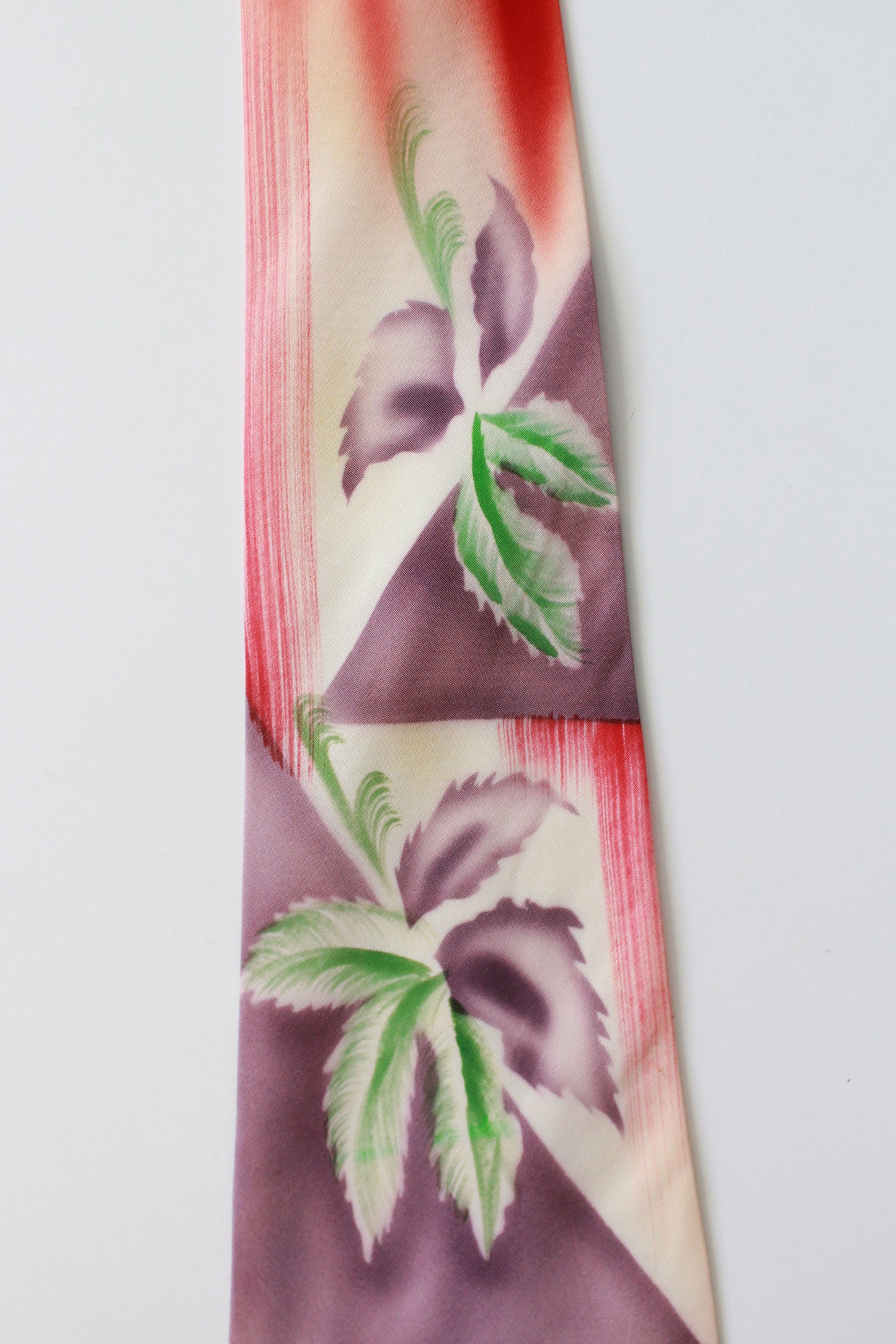 Vintage 1950s Green And Purple Palm Leaf Hand Painted Rayon Tie