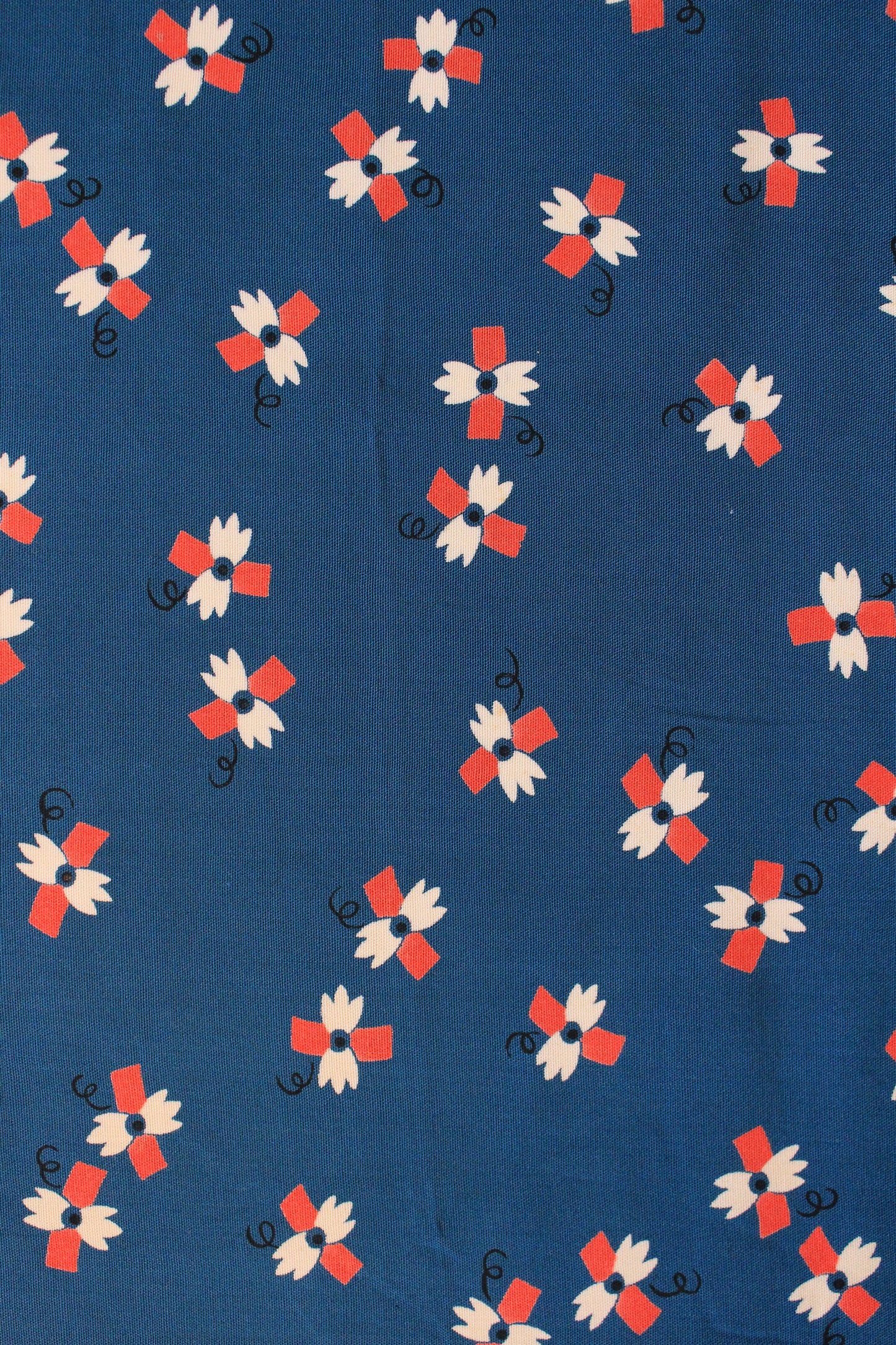 1940s Cobalt Blue White Orange And White Abstract Pattern,  Rayon Fabric, 3.5 Yards
