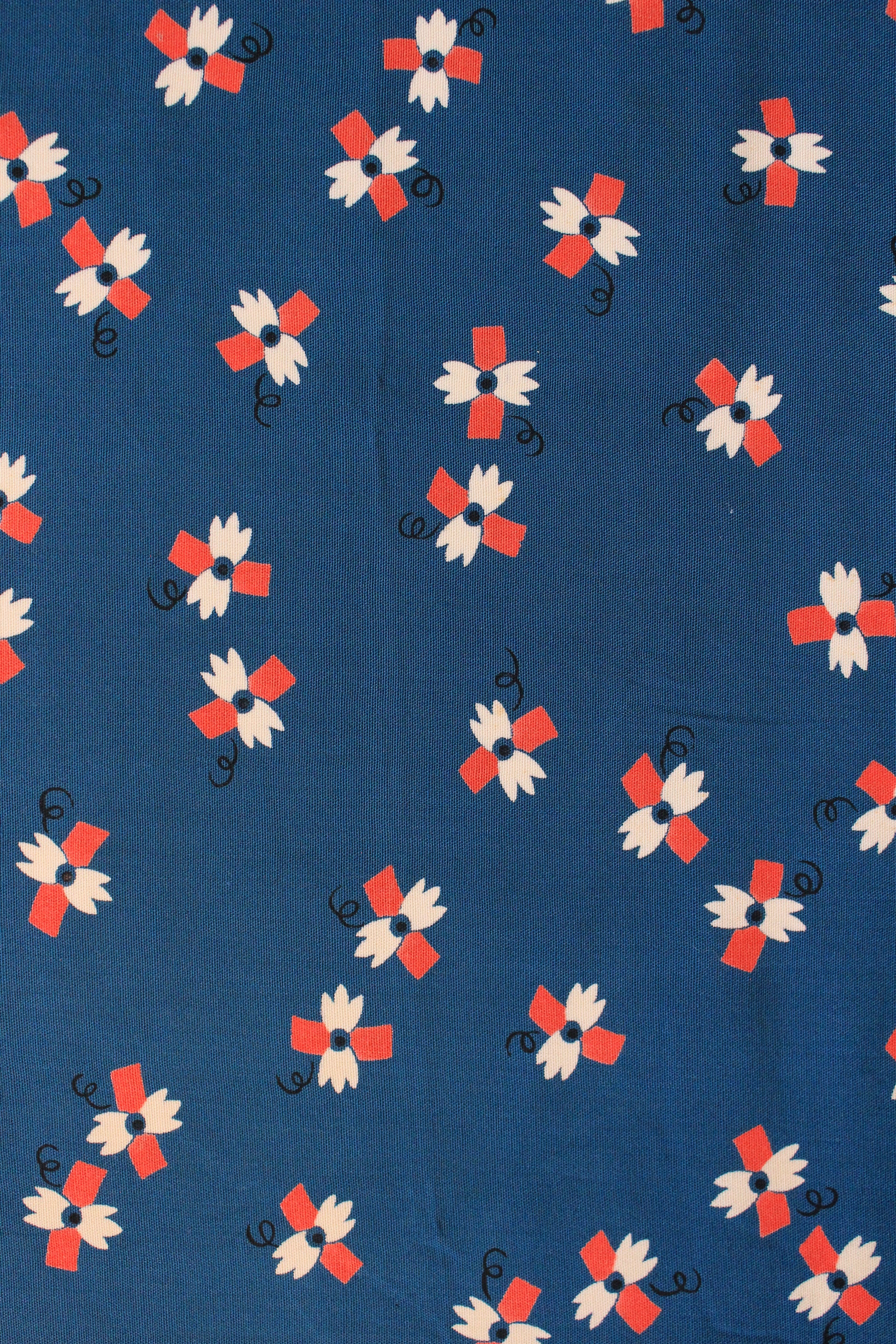 1940s Cobalt Blue White Orange And White Abstract Pattern,  Rayon Fabric, 3.5 Yards