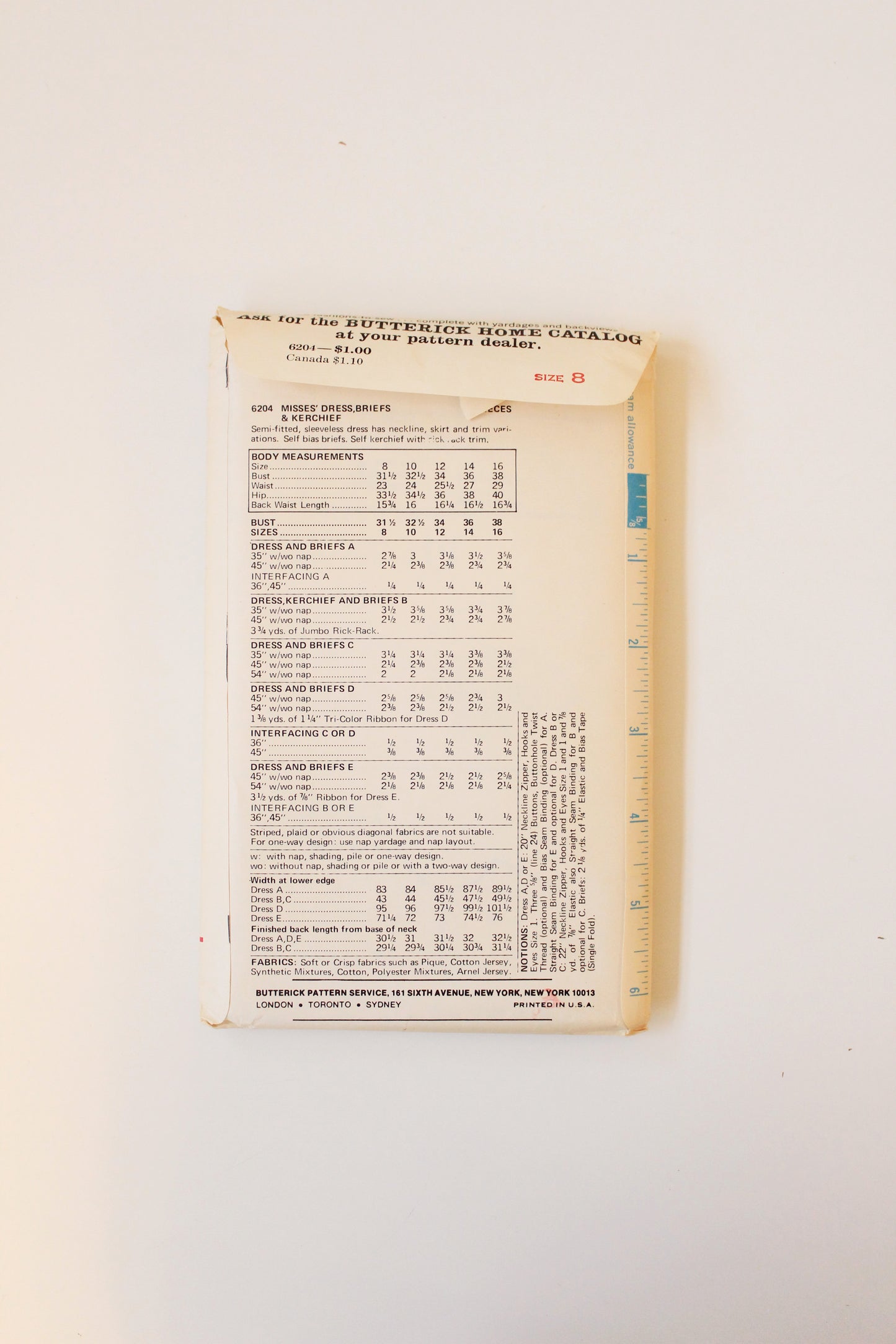 1970s Misses Summer Dress Matching Set Butterick 6204 Sewing Pattern, Partially Cut-Complete Size 8