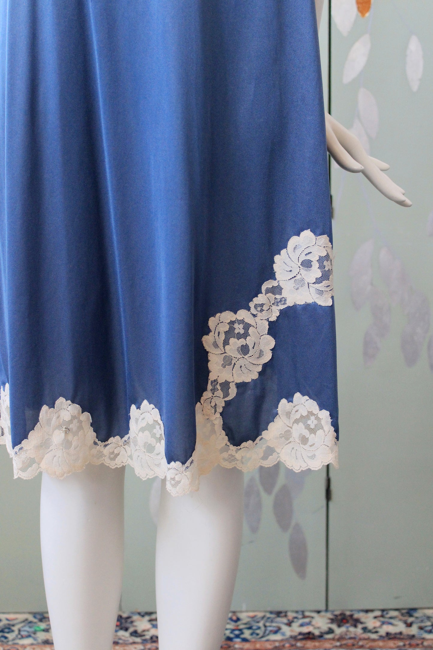 1990s Blue And Cream Nightgown Slip With Lace Trim, XS
