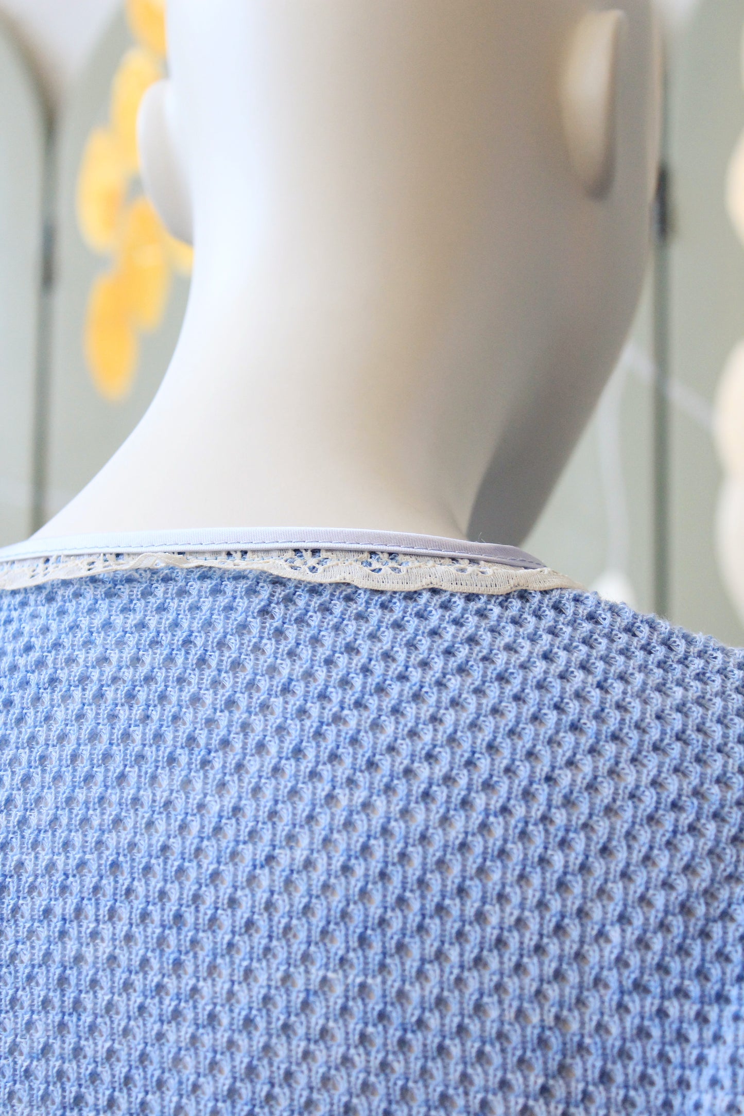 1980s Ultra Feminine Deadstock Short Sleeve Light Blue Knit Top With Lace Trim And Bow, Small