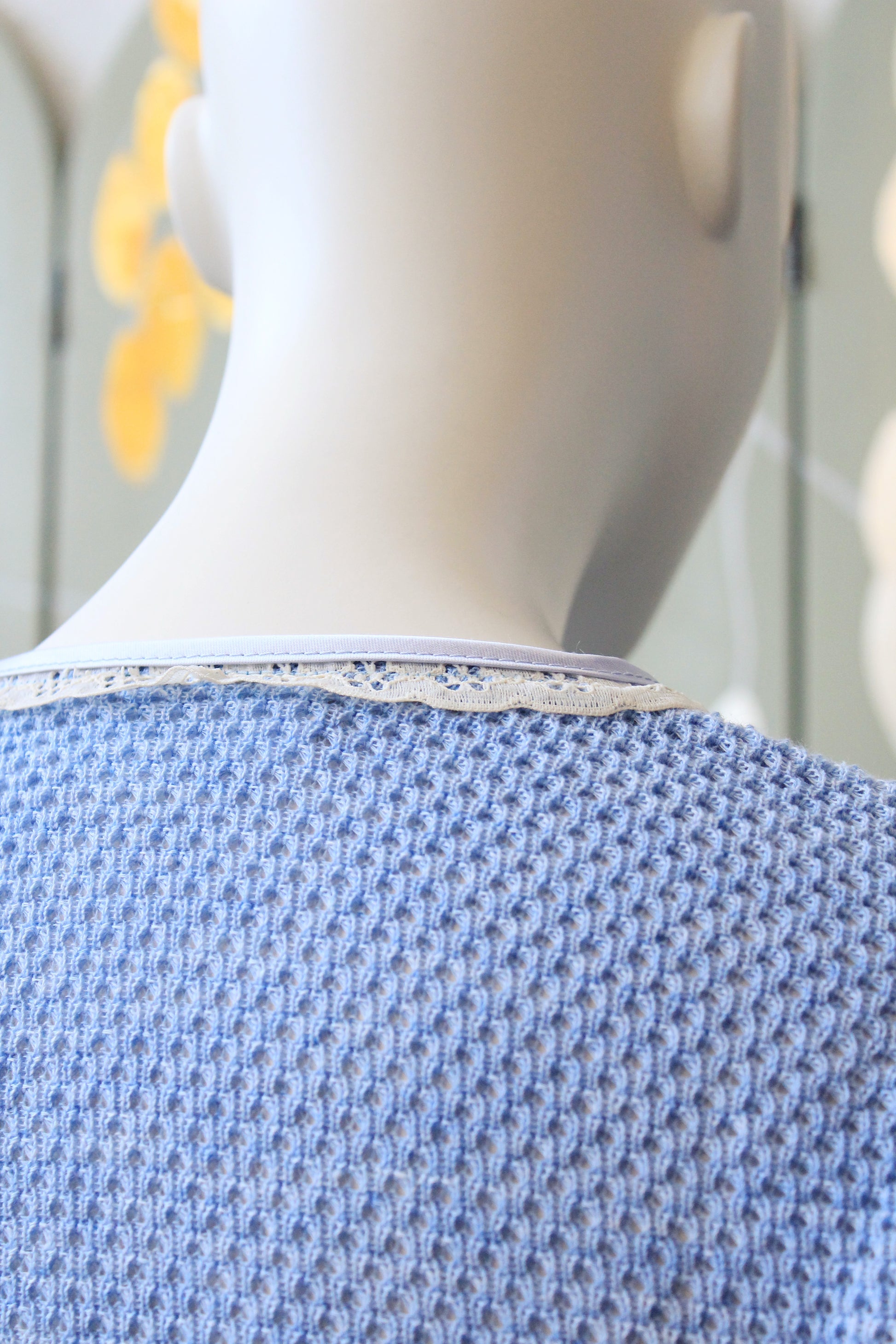 1980s Ultra Feminine Deadstock Short Sleeve Light Blue Knit Top With Lace Trim And Bow, Small