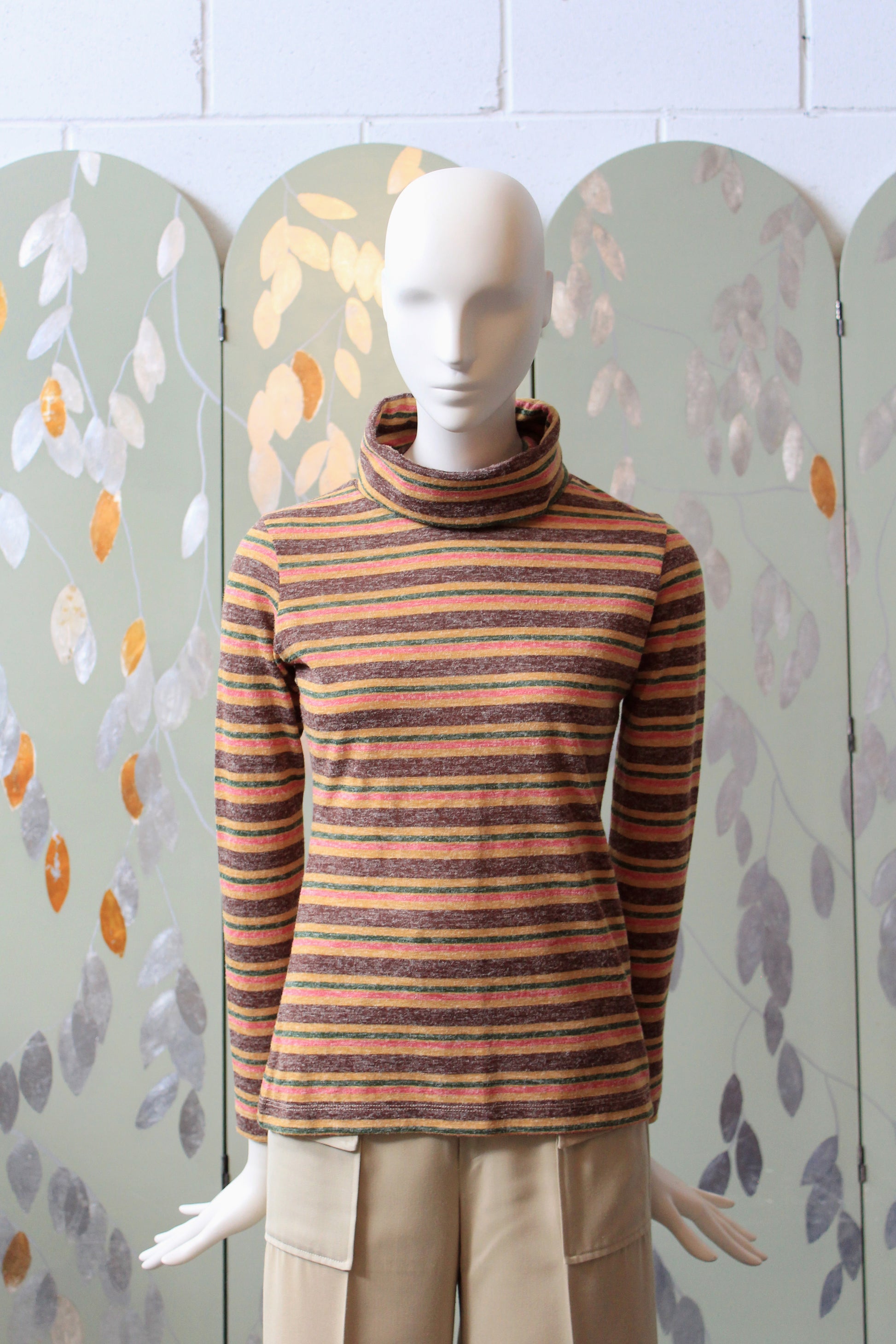 1970s Multicoloured Striped Wide Neck Long Sleeve Turtleneck, XS