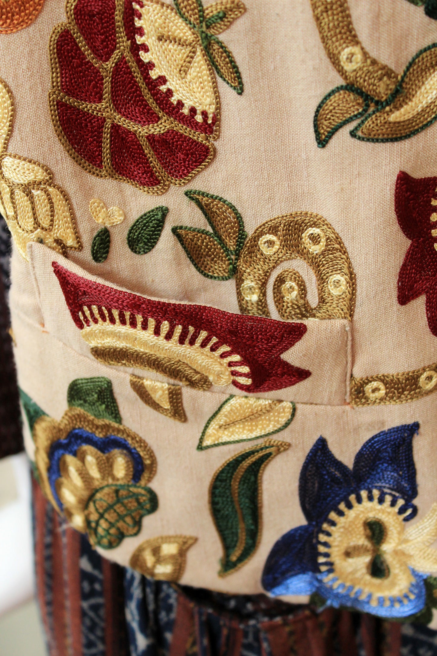 Whimsical Cream Floral and Bird Embroidered Vest, Made In India, Large