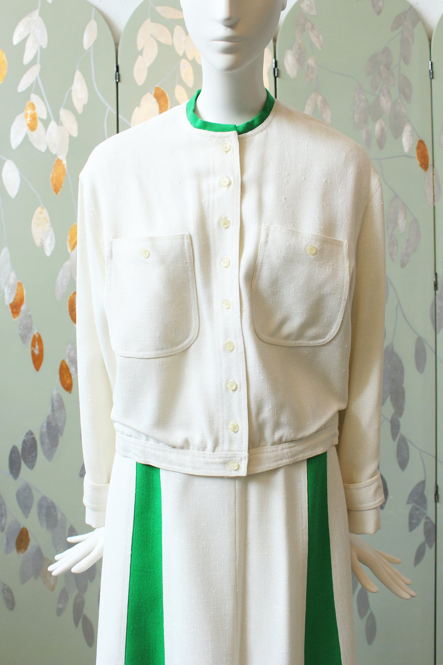 1970s/80s Sporty Anne Klein White/Green Skirt And Jacket 2 PC Matching Set, Large