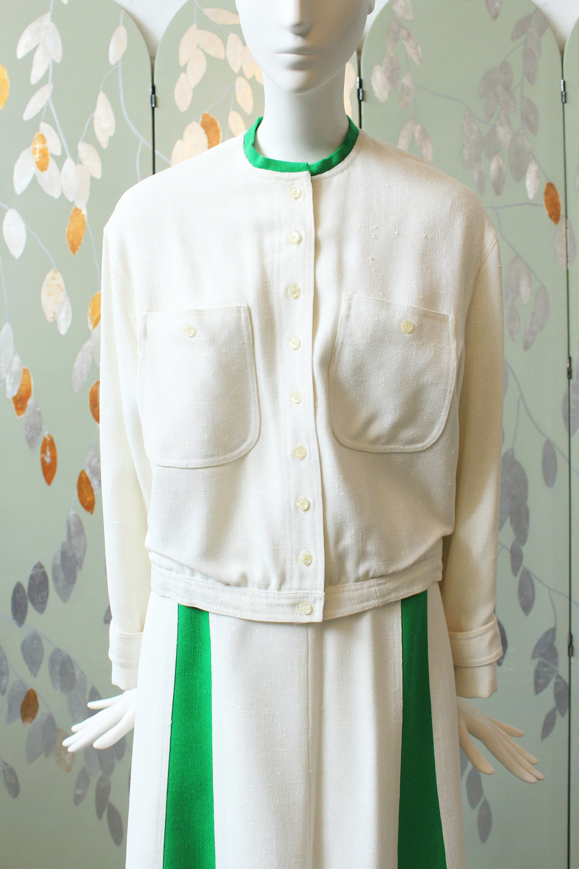 1970s/80s Sporty Anne Klein White/Green Skirt And Jacket 2 PC Matching Set, Large