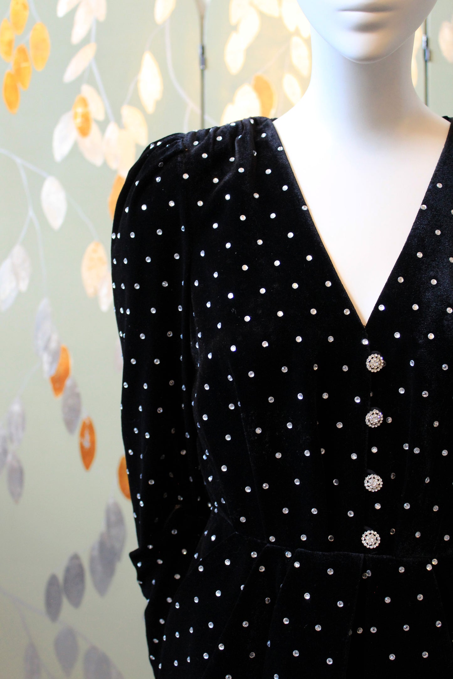 Self Portrait Black Puff Sleeve Diamanté Velvet Dress, XS