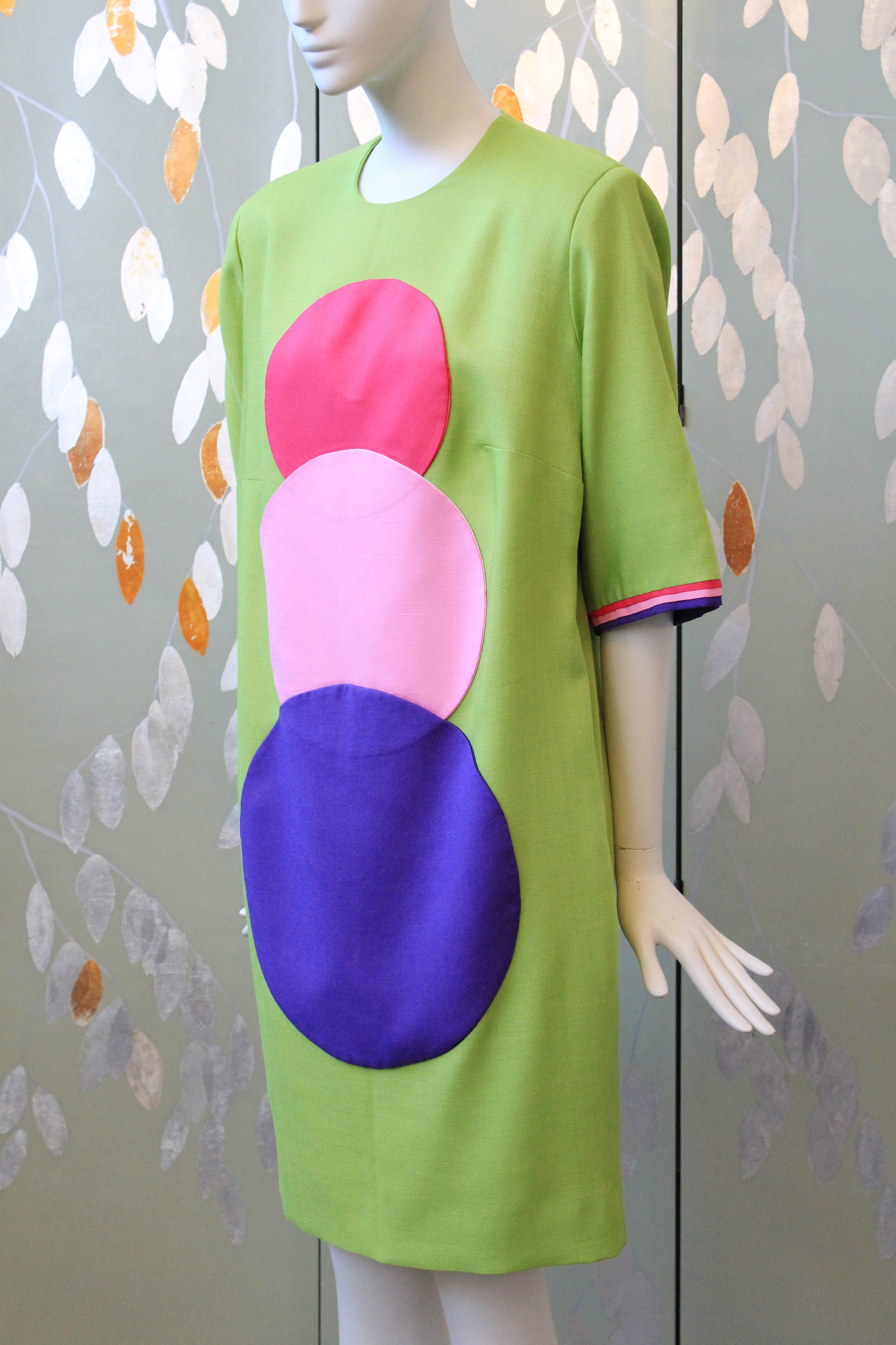 1980s Lime Green Colour Block Circle Shift Dress, Large