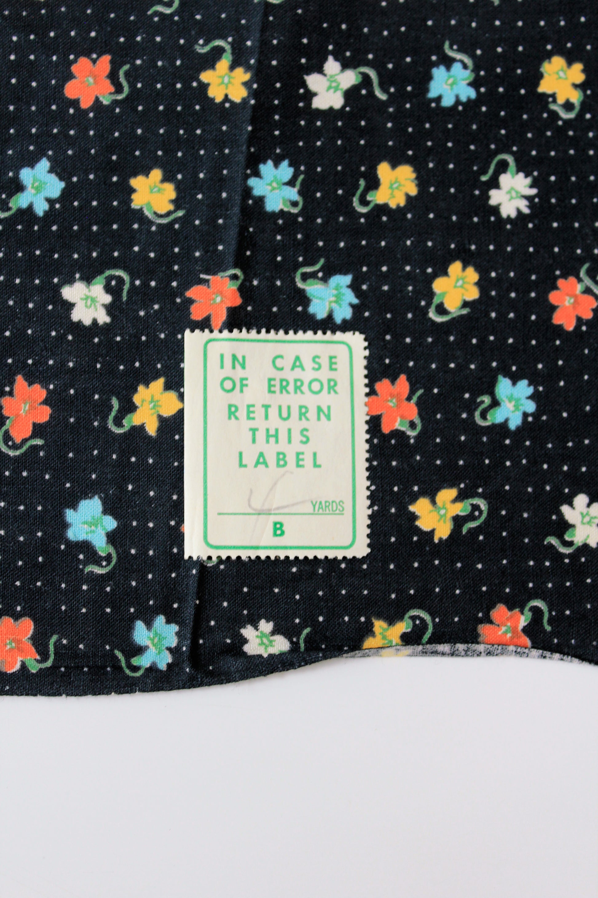 1950s Black Polka Dot Cotton Fabric With Bright Coral/Yellow/Teal Flowers, 4.1 Yards