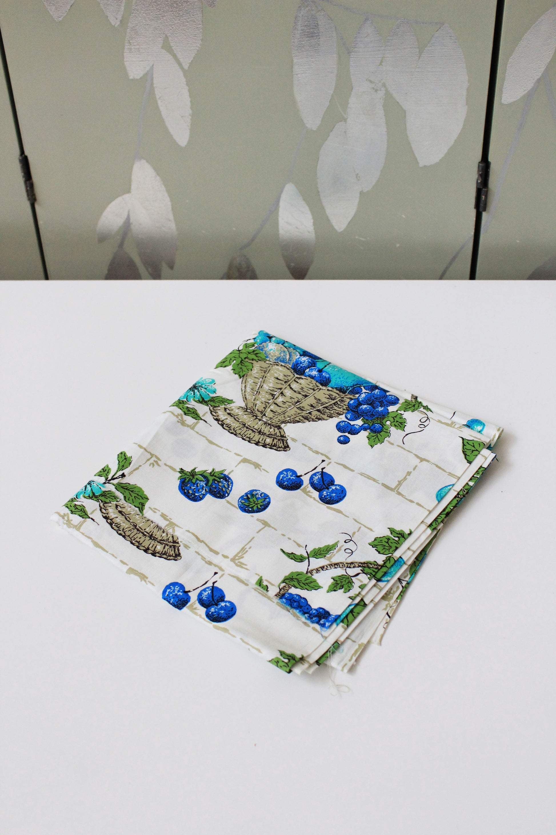 1960s Blue And Green Fruit Basket Cotton Sewing Fabric, 2 Yards