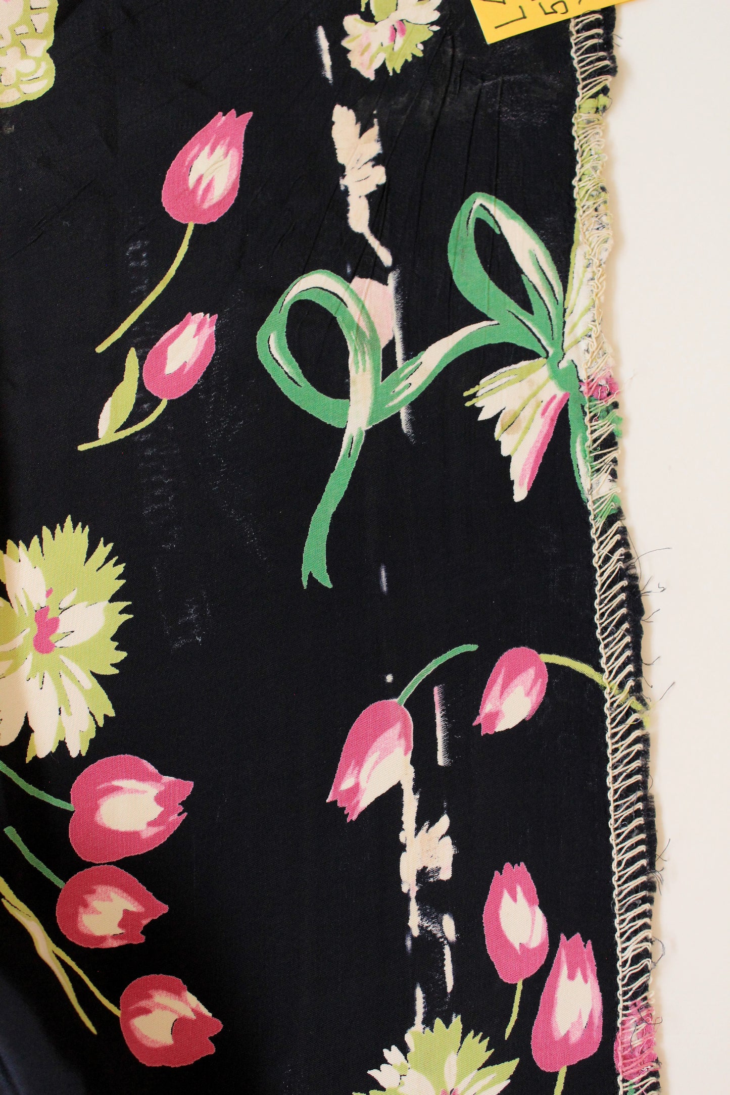 1940s Black Rayon Fabric With Pink And Green Tulip Bouquets, 5.5 Yards