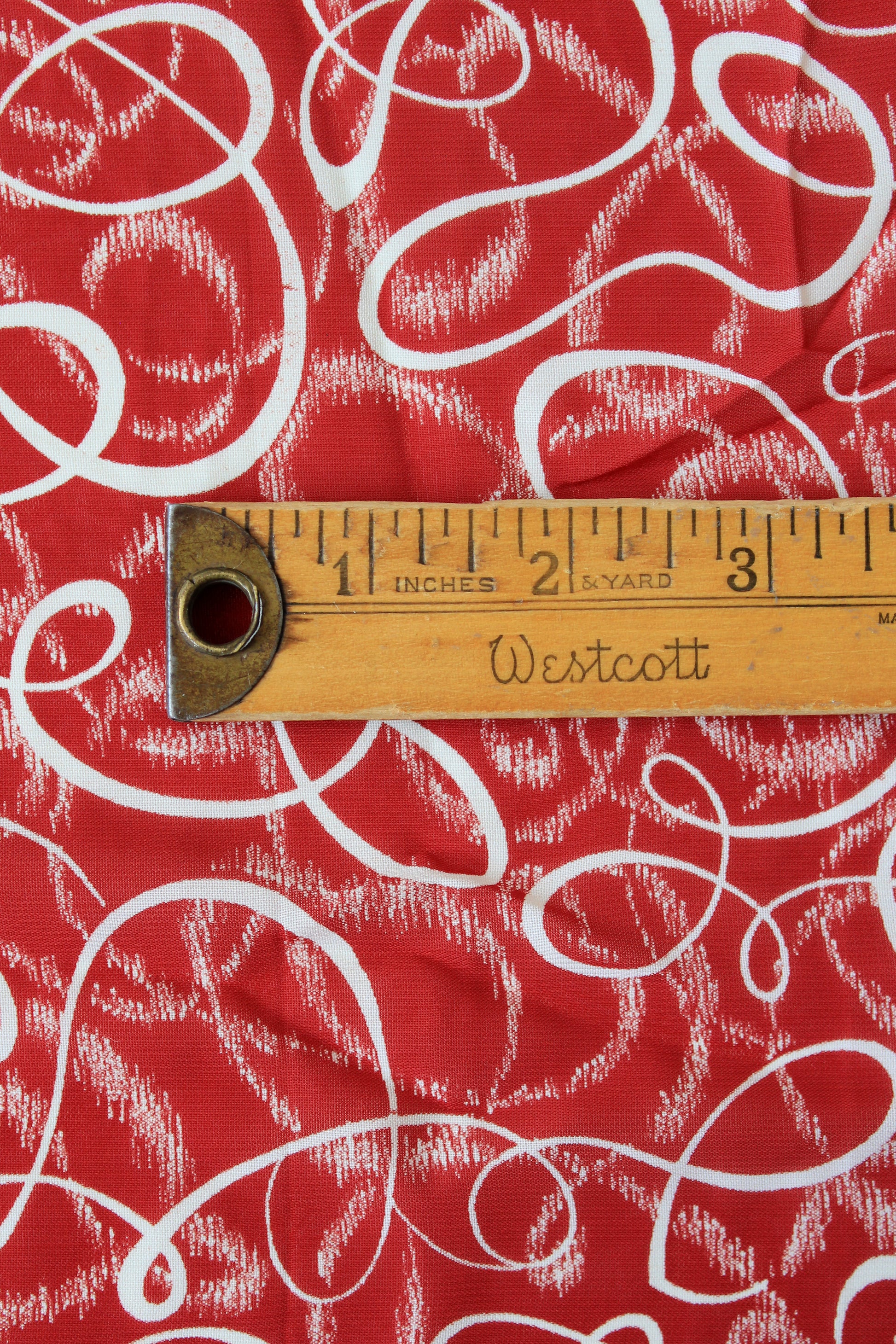 1940s Red And White Swirl Print Rayon Sewing Fabric, 3.1 Yards