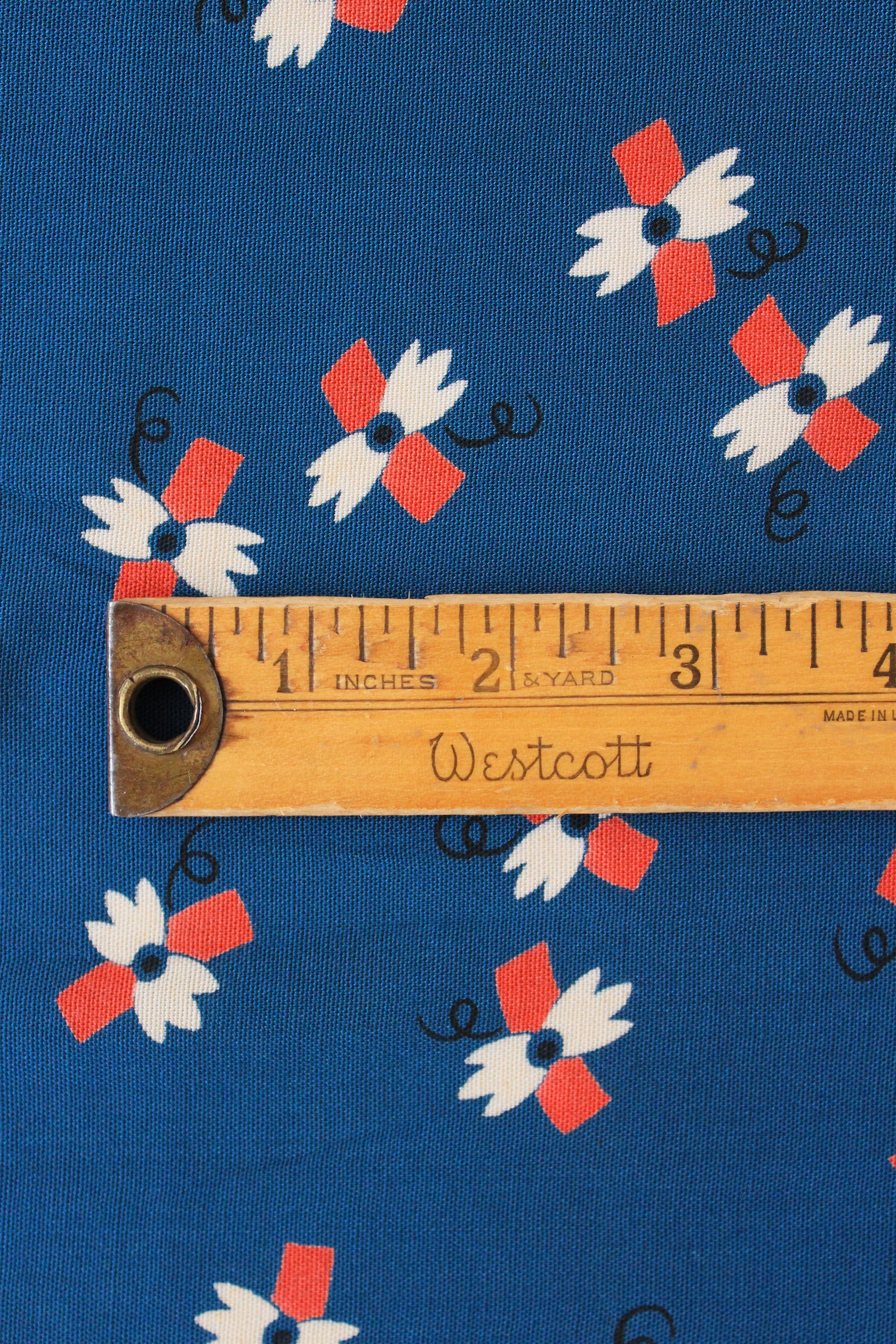 1940s Cobalt Blue White Orange And White Abstract Pattern,  Rayon Fabric, 3.5 Yards