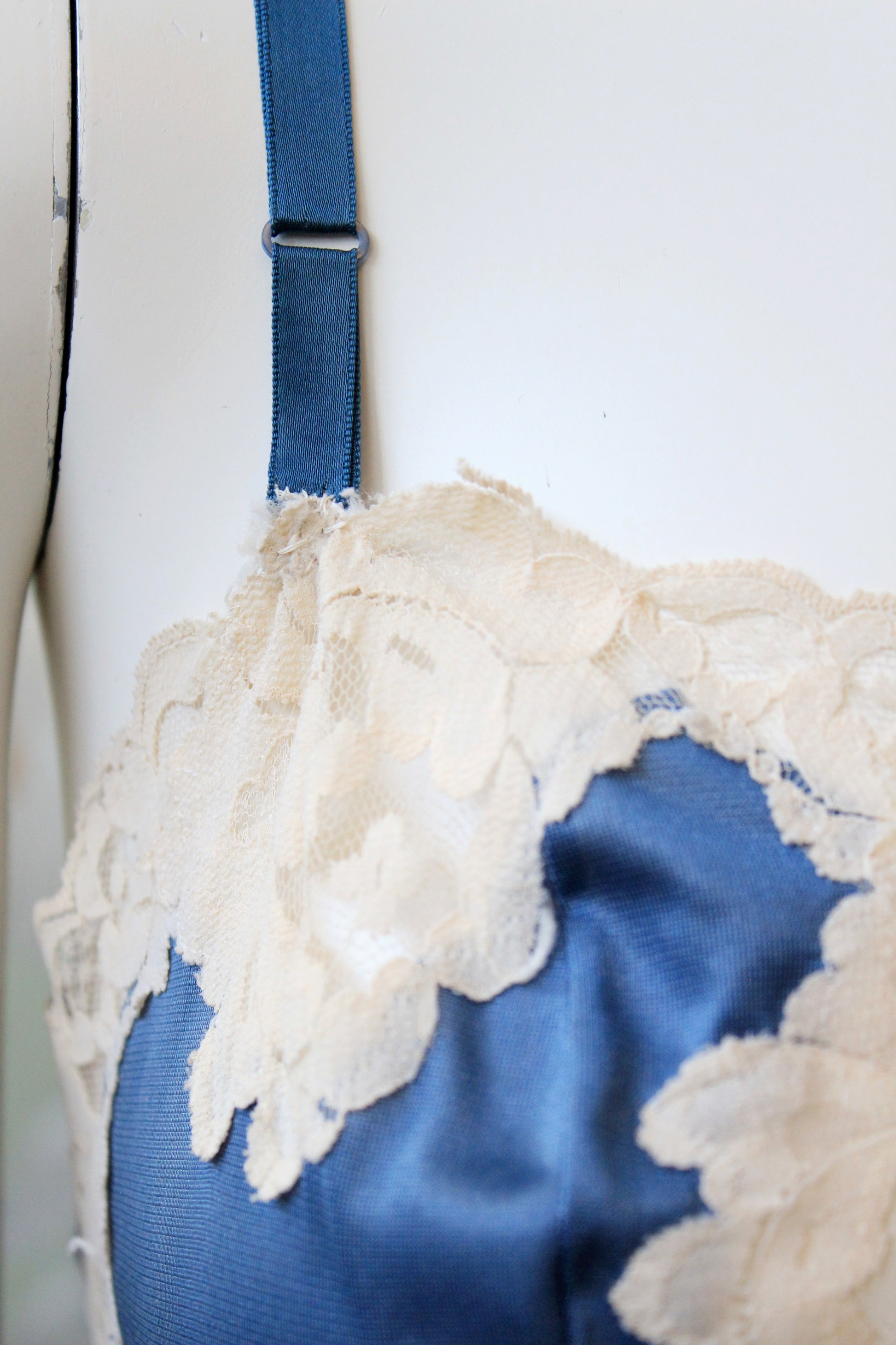 1990s Blue And Cream Nightgown Slip With Lace Trim, XS