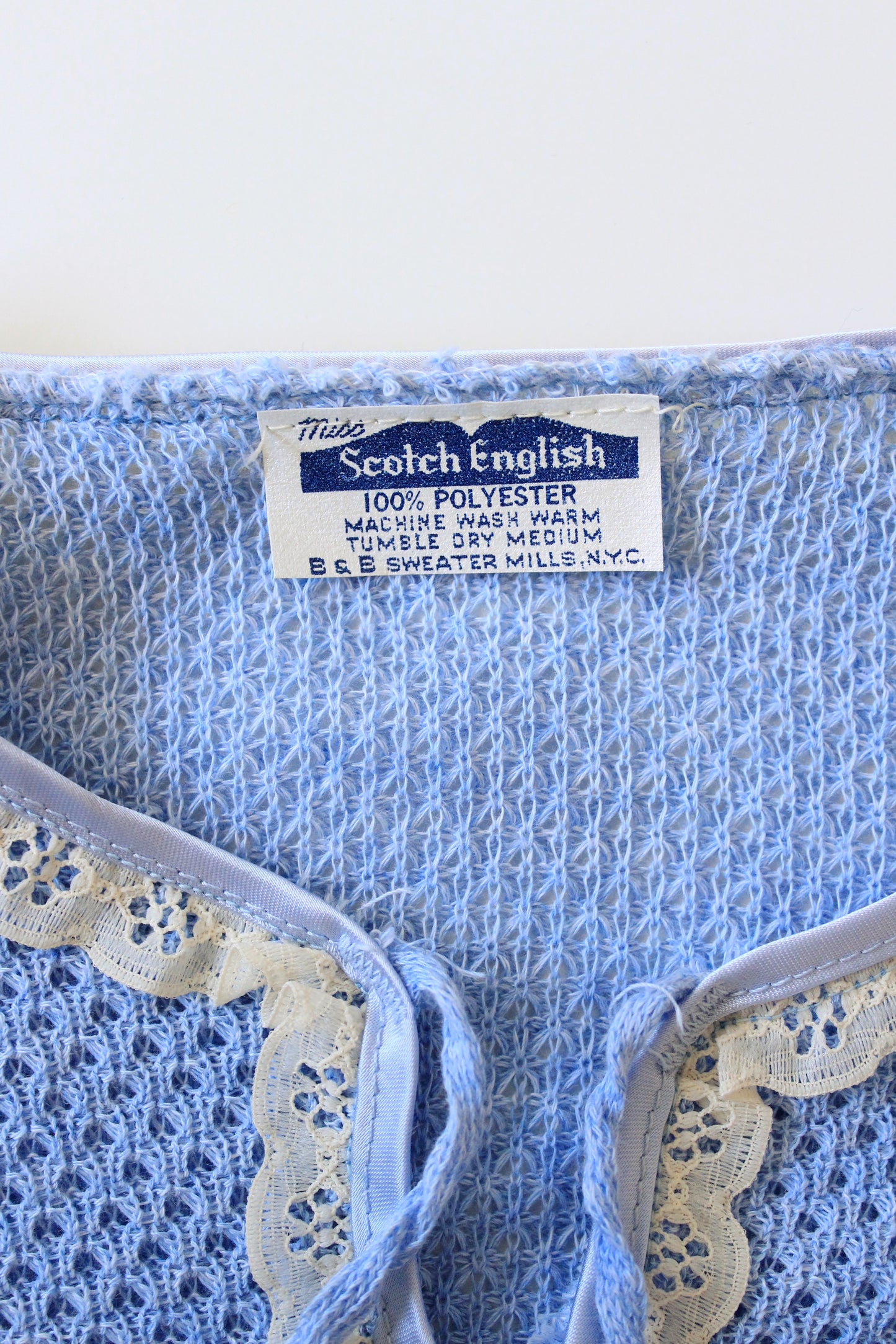 1980s Ultra Feminine Deadstock Short Sleeve Light Blue Knit Top With Lace Trim And Bow, Small