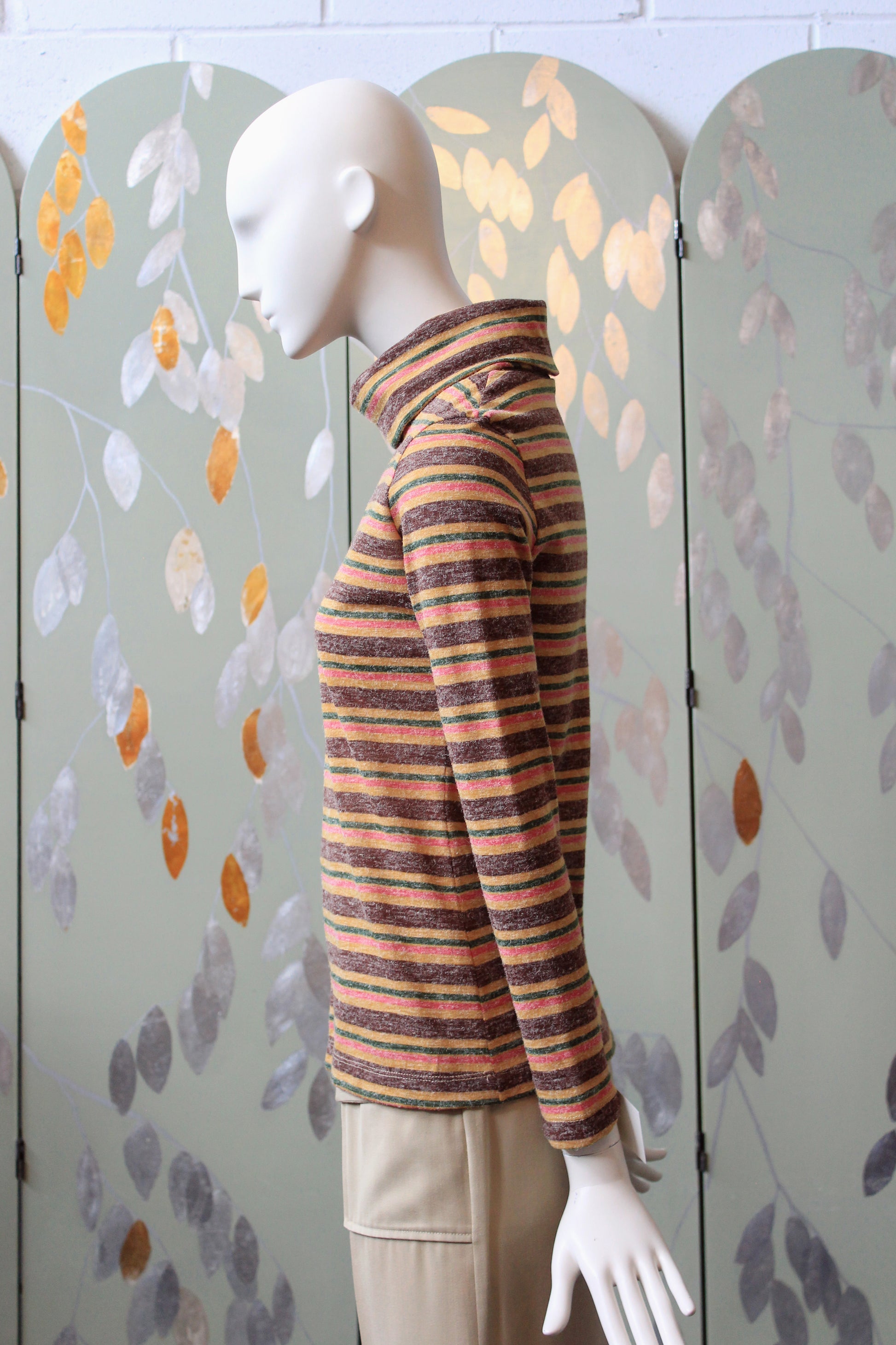 1970s Multicoloured Striped Wide Neck Long Sleeve Turtleneck, XS