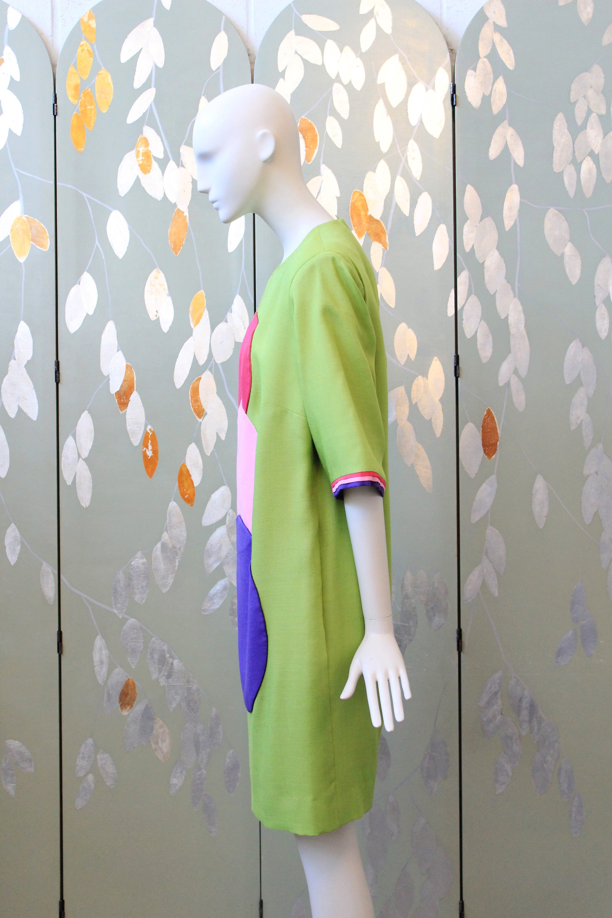 1980s Lime Green Colour Block Circle Shift Dress, Large