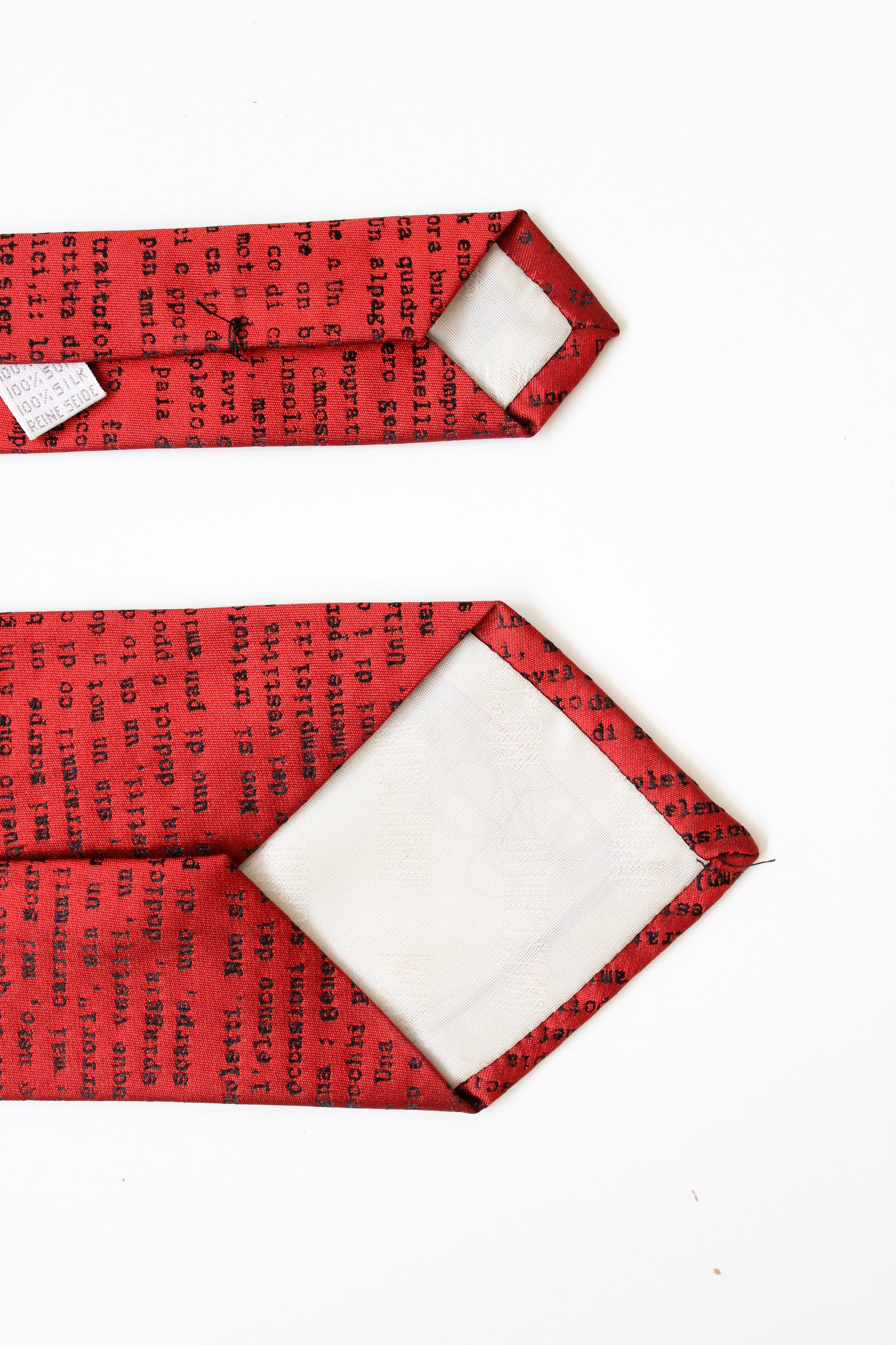 1990s Moschino Red Silk Designer Tie With Text Print