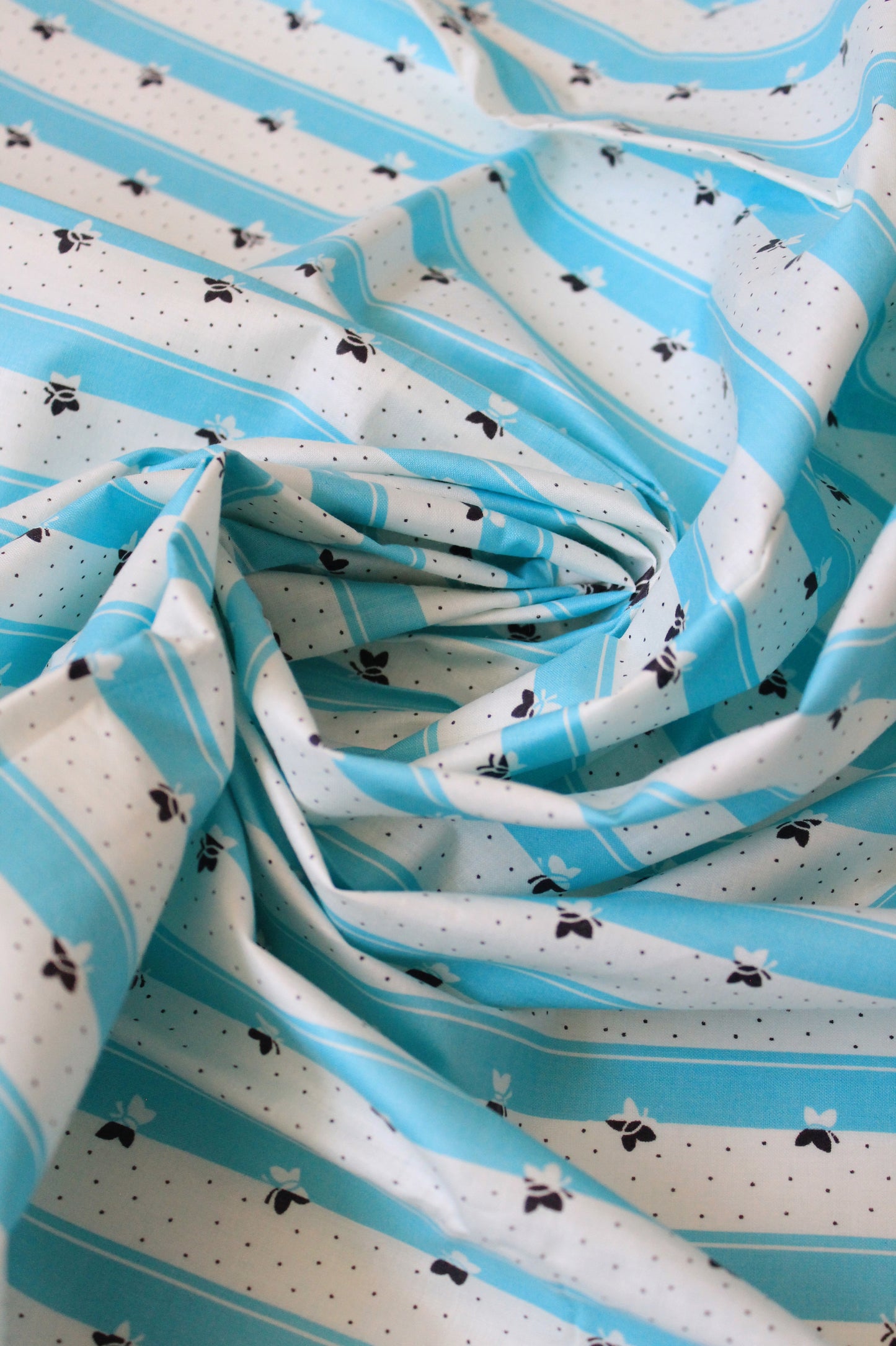1950s Teal And White Striped Cotton Sewing Fabric With Butterflies, 3.3 Yards