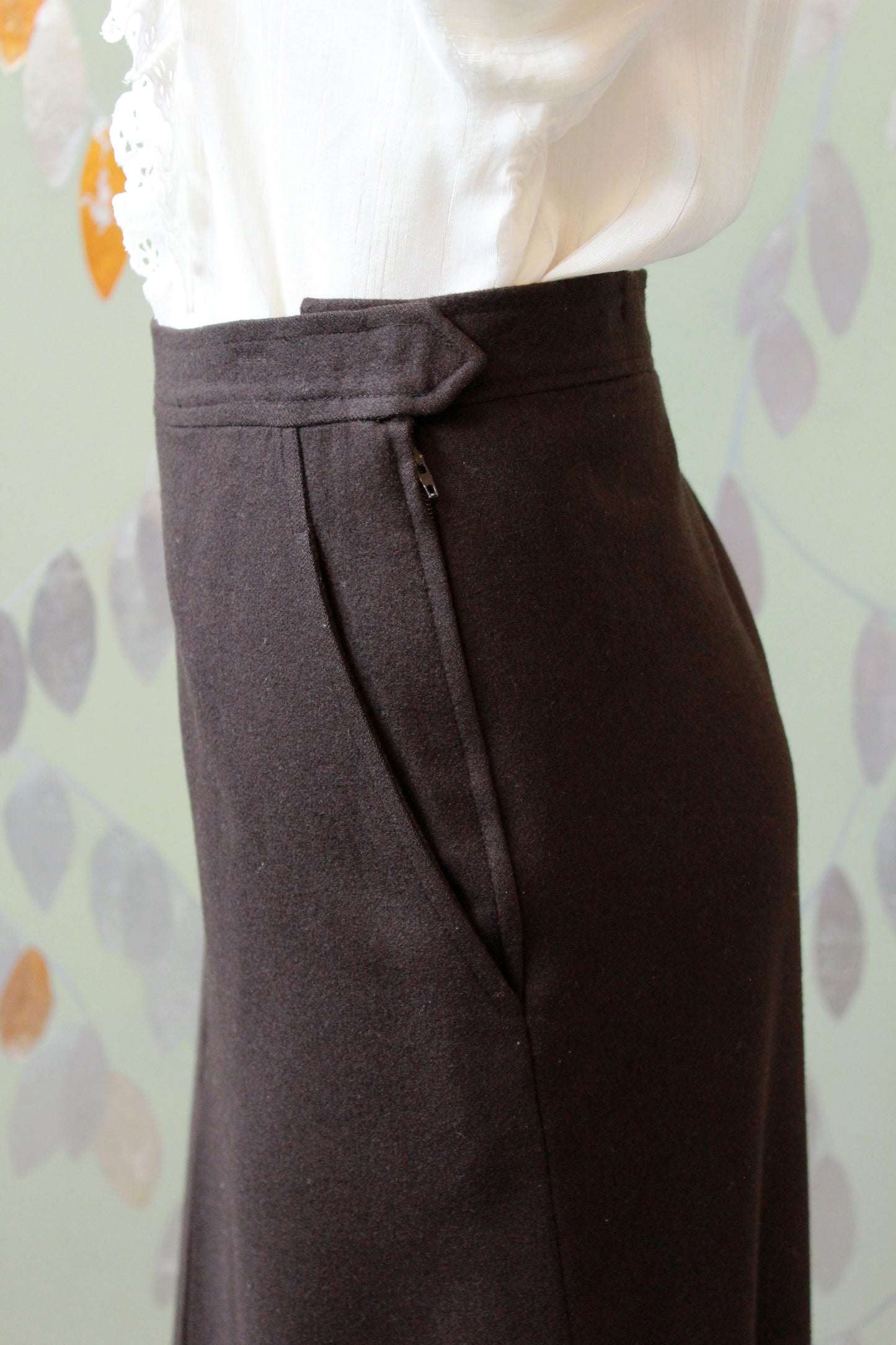 1970s YSL Brown A Line Kick Pleat Wool Skirt, Large 
