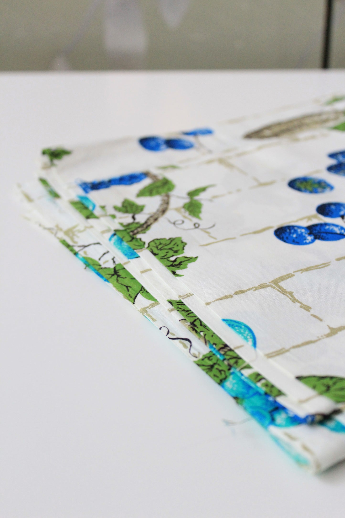 1960s Blue And Green Fruit Basket Cotton Sewing Fabric, 2 Yards