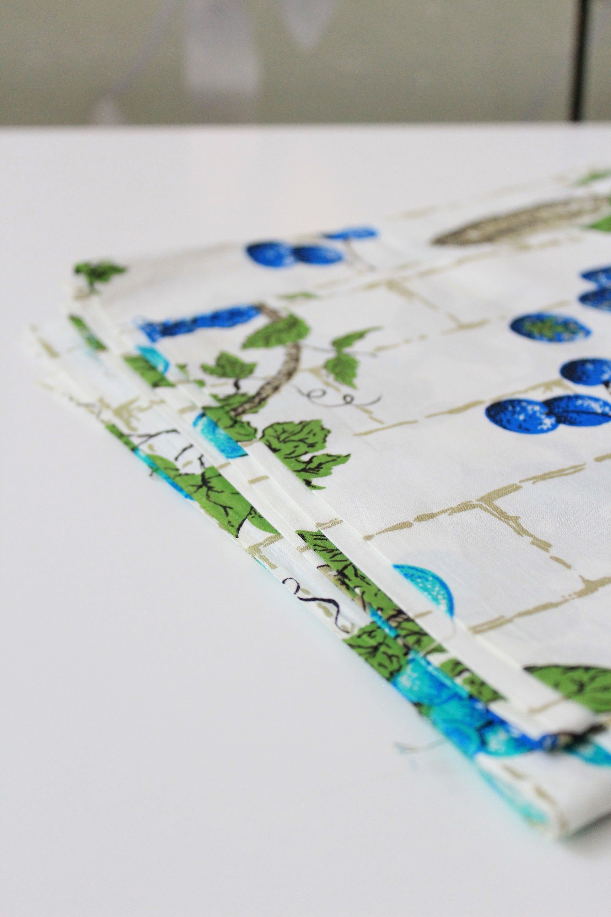 1960s Blue And Green Fruit Basket Cotton Sewing Fabric, 2 Yards