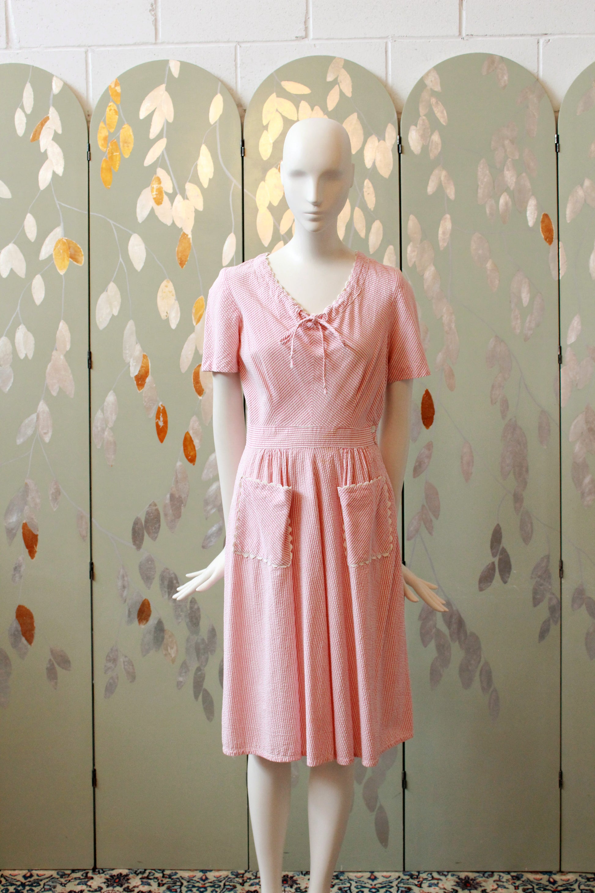 1940s Pink And White Striped Seersucker Dress, Small