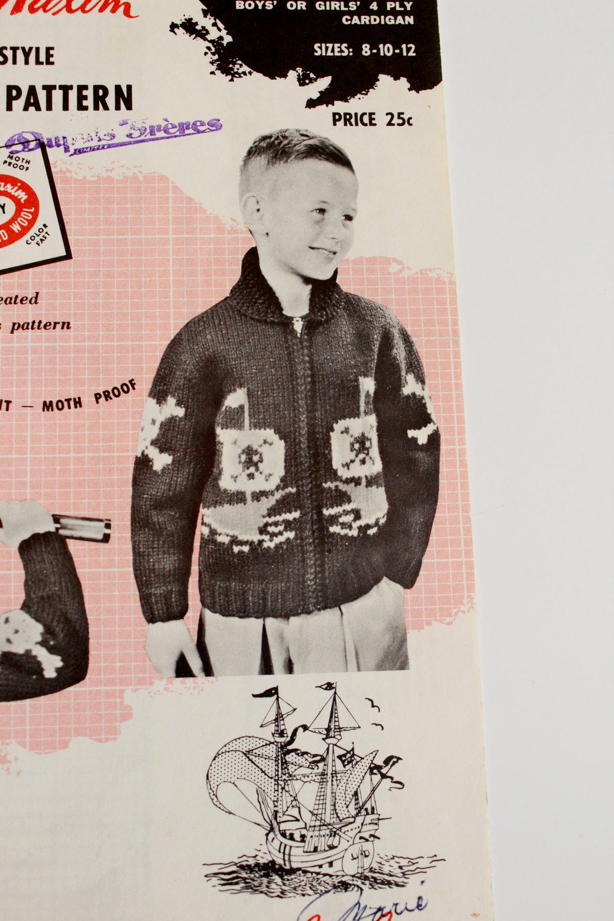 1950s Mary Maxim Boys Or Girls 4 ply Kitting Pattern 472, Pirate Cardigan