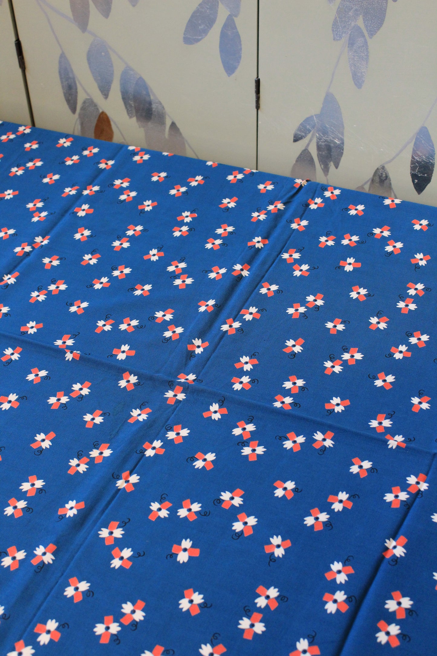 1940s Cobalt Blue White Orange And White Abstract Pattern,  Rayon Fabric, 3.5 Yards