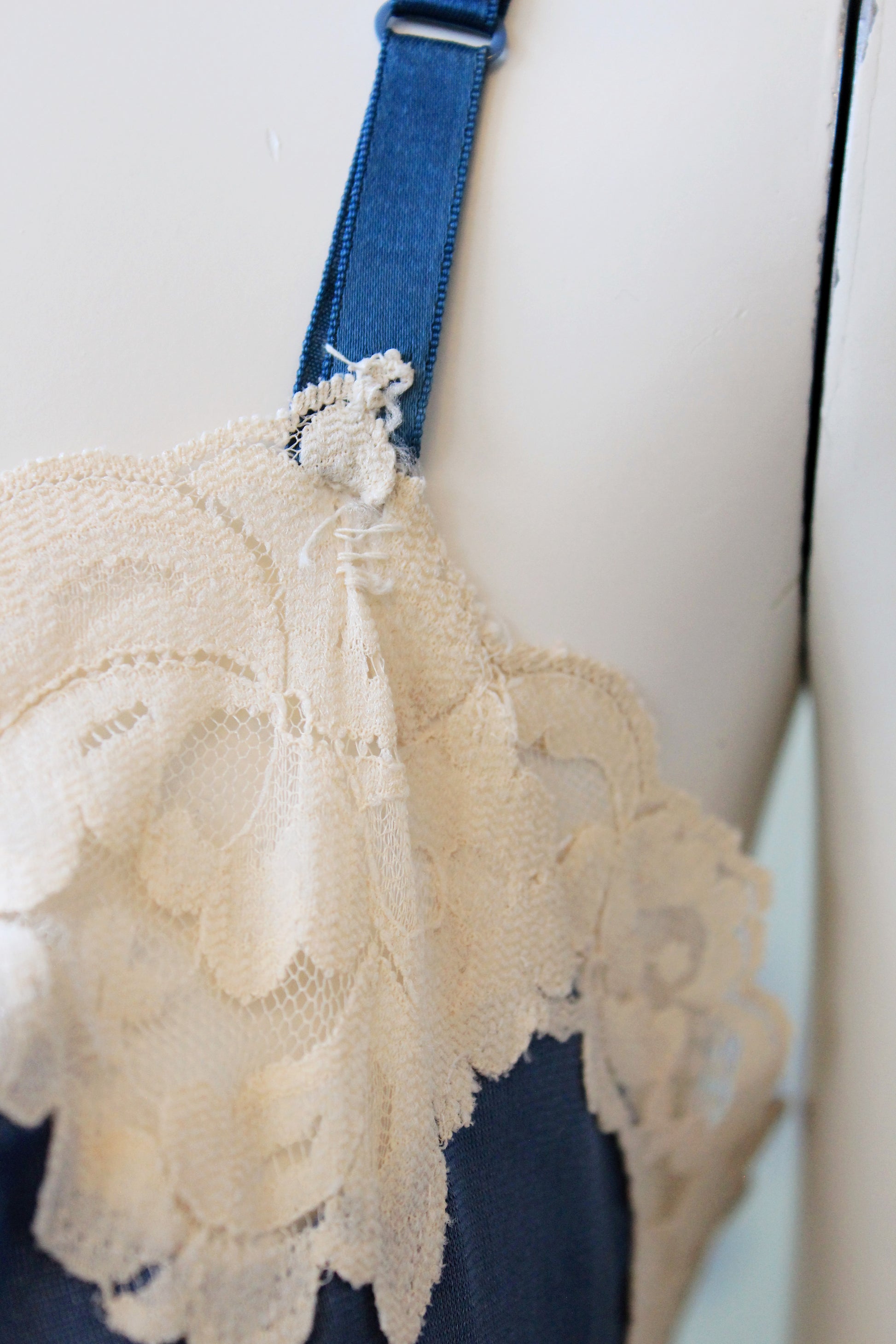 1990s Blue And Cream Nightgown Slip With Lace Trim, XS