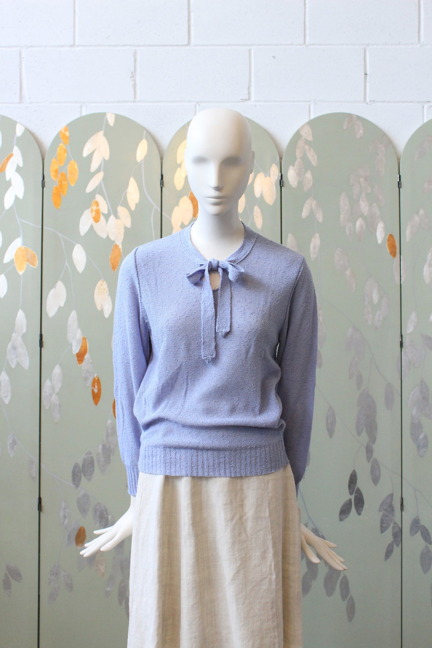 1970s Deadstock Long Sleeve Sky Blue Acrylic Knit Top With Bow , XS