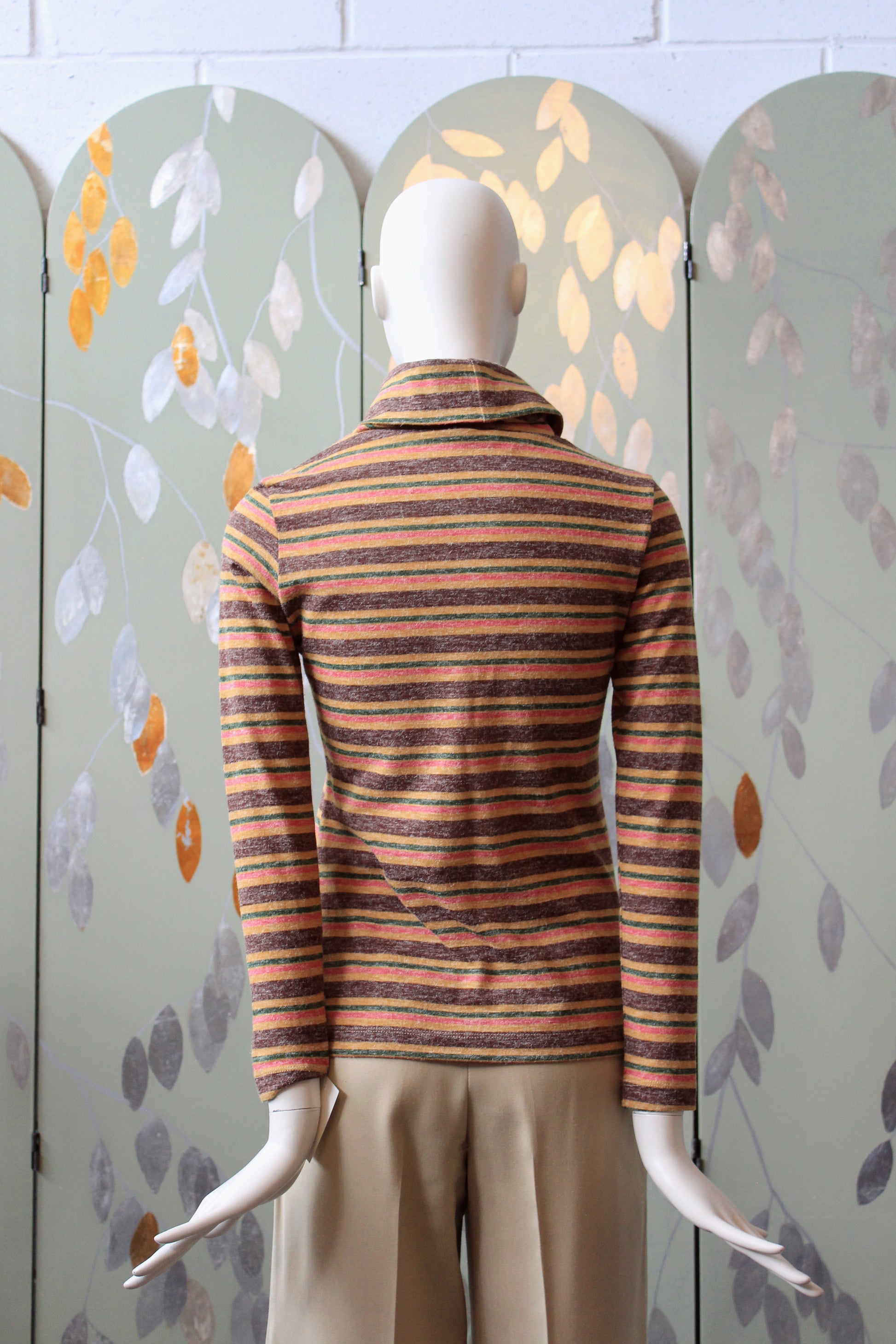 1970s Multicoloured Striped Wide Neck Long Sleeve Turtleneck, XS