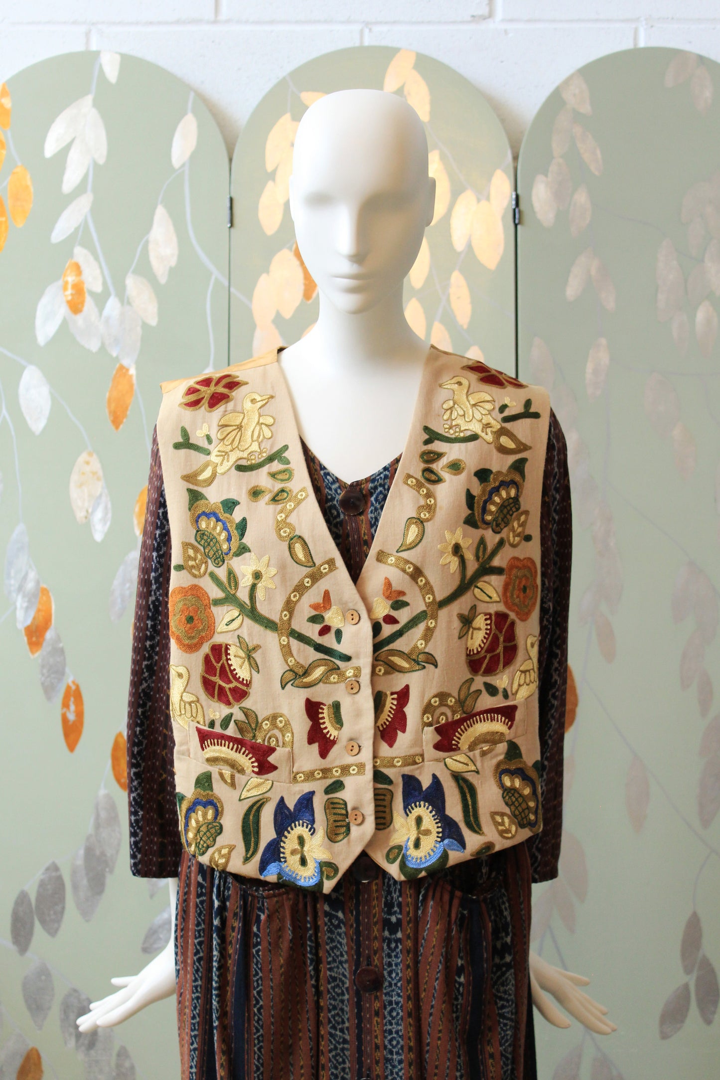 Whimsical Cream Floral and Bird Embroidered Vest, Made In India, Large