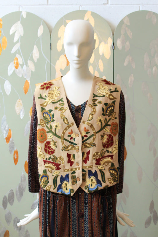 Whimsical Cream Floral and Bird Embroidered Vest, Made In India, Large