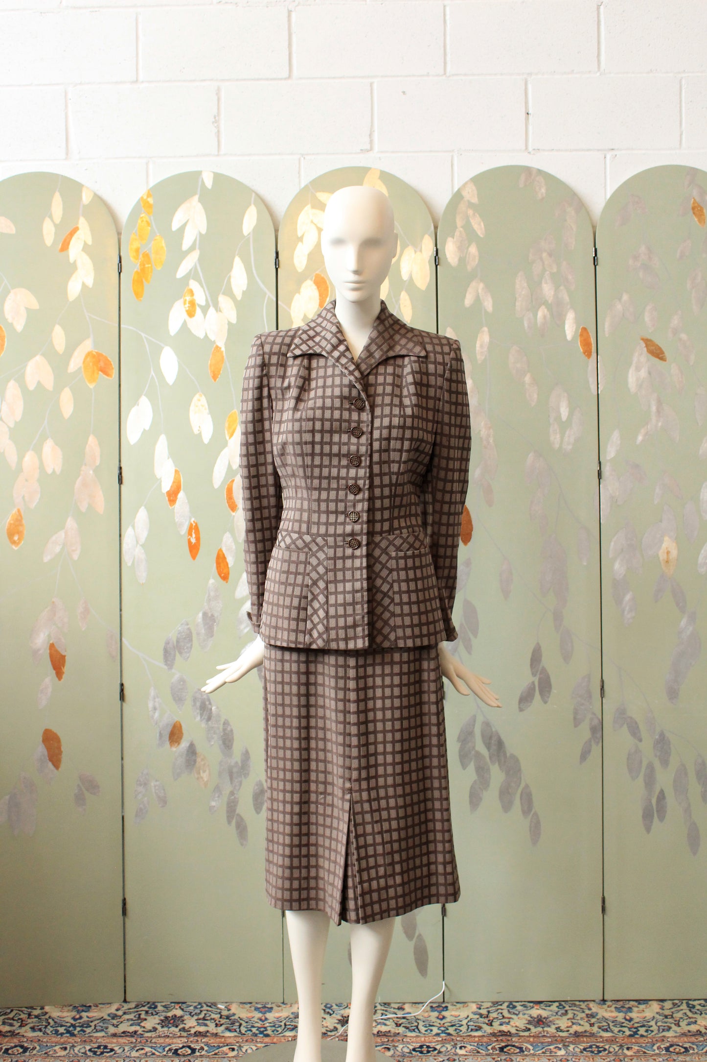 Vintage 1950s Purple And Taupe Checkered Skirt Suit Set, XS