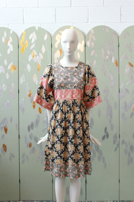 Vintage 1970s Floral Kaftan Dress With Oversized Sleeves, XS