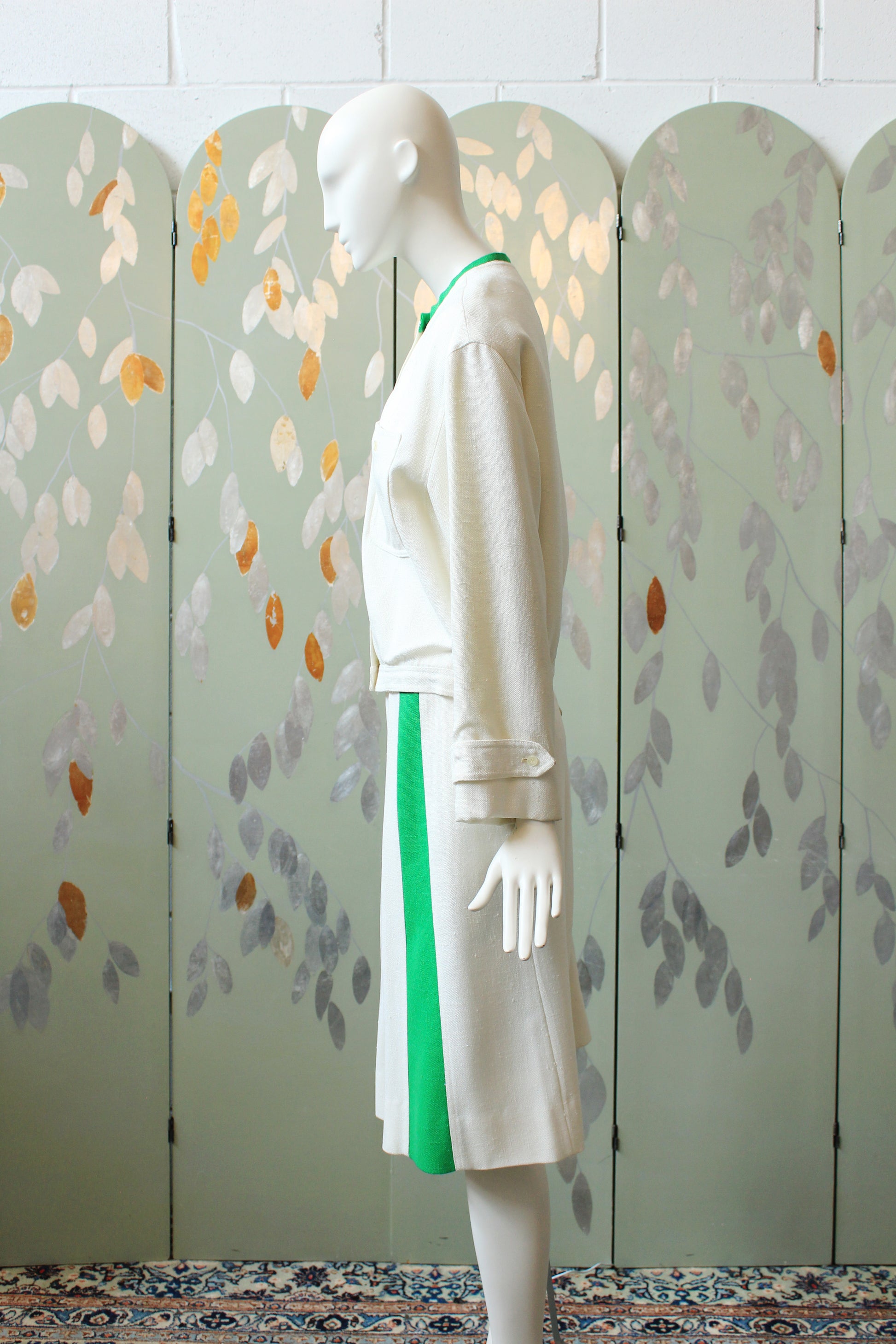 1970s/80s Sporty Anne Klein White/Green Skirt And Jacket 2 PC Matching Set, Large