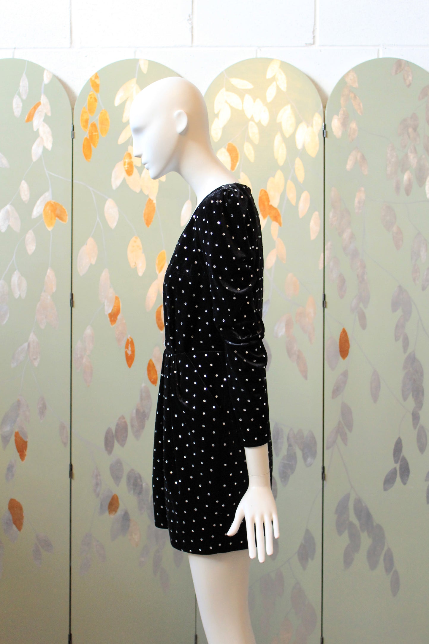 Self Portrait Black Puff Sleeve Diamanté Velvet Dress, XS