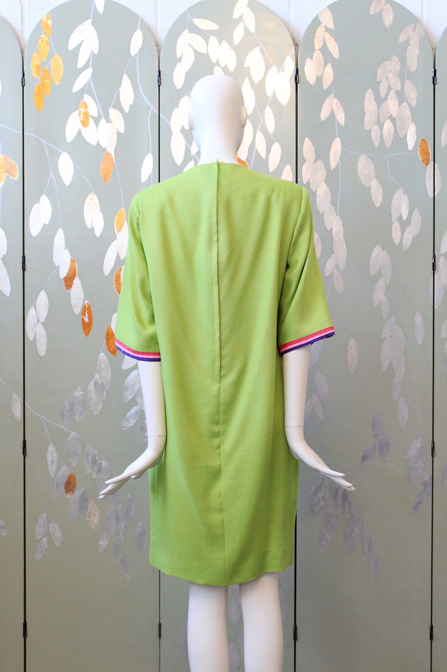 1980s Lime Green Colour Block Circle Shift Dress, Large