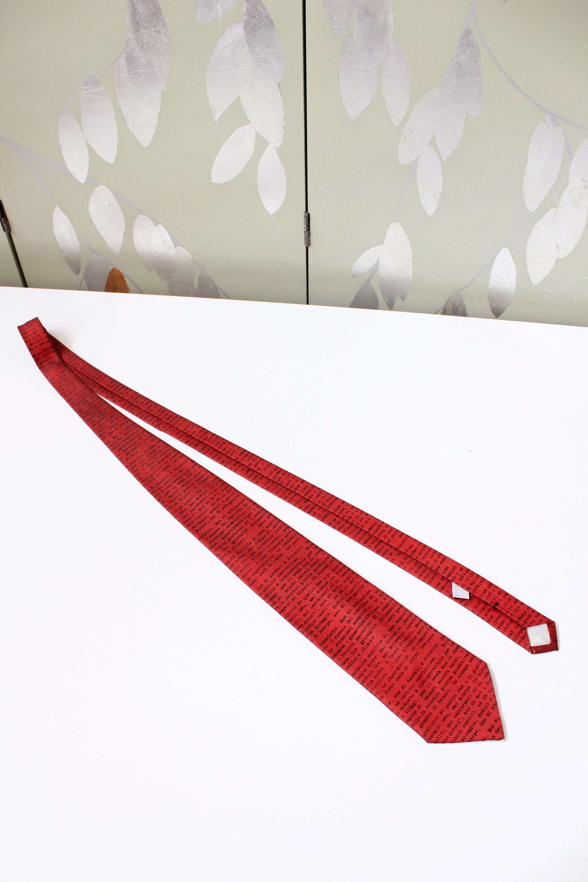 1990s Moschino Red Silk Designer Tie With Text Print