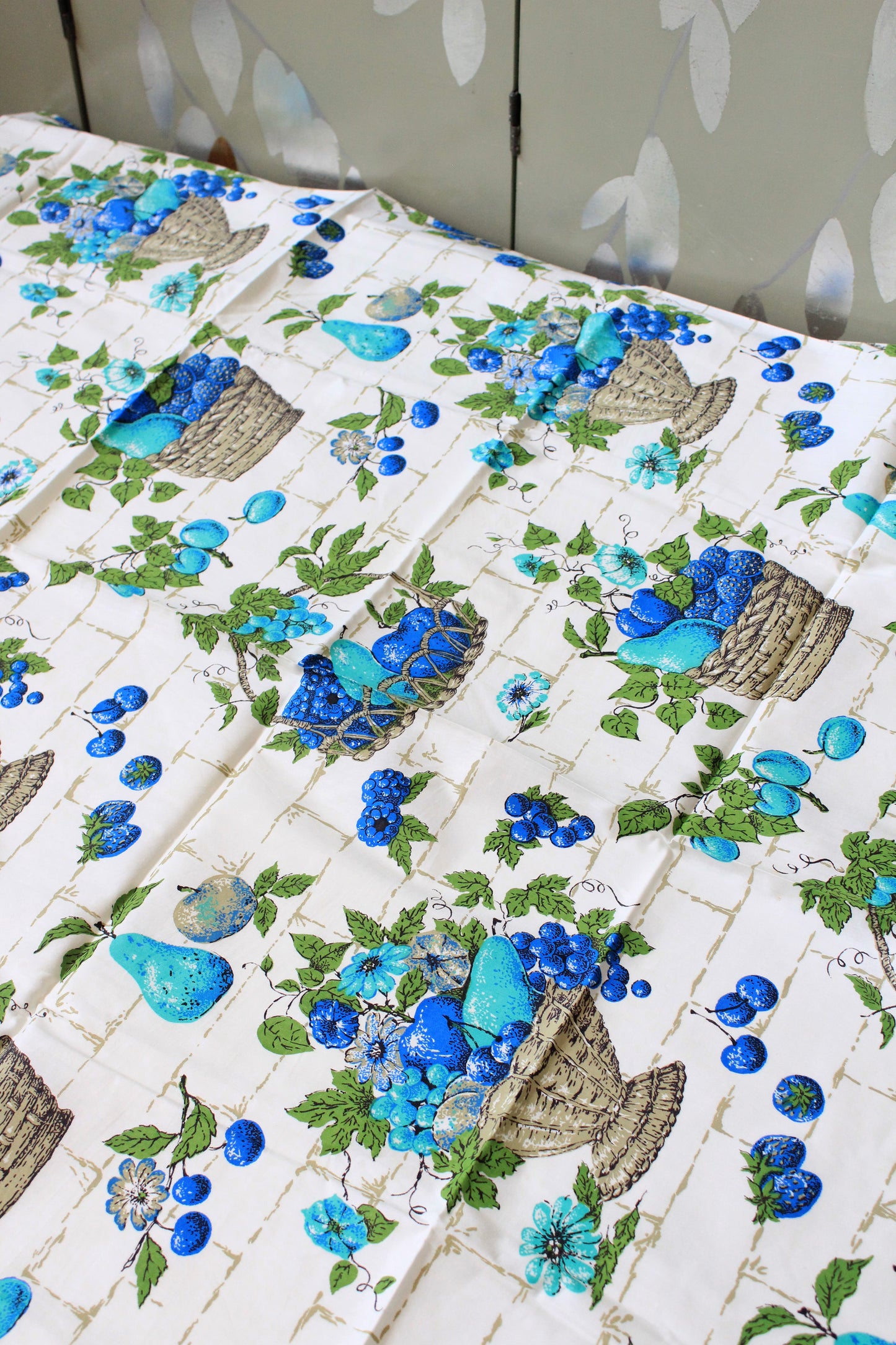 1960s Blue And Green Fruit Basket Cotton Sewing Fabric, 2 Yards