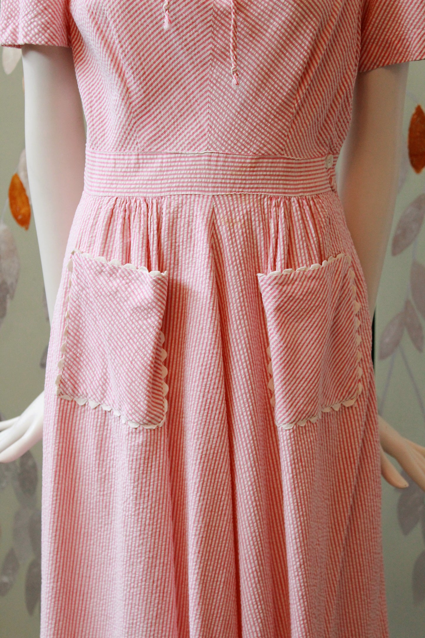 1940s Pink And White Striped Seersucker Dress, Small