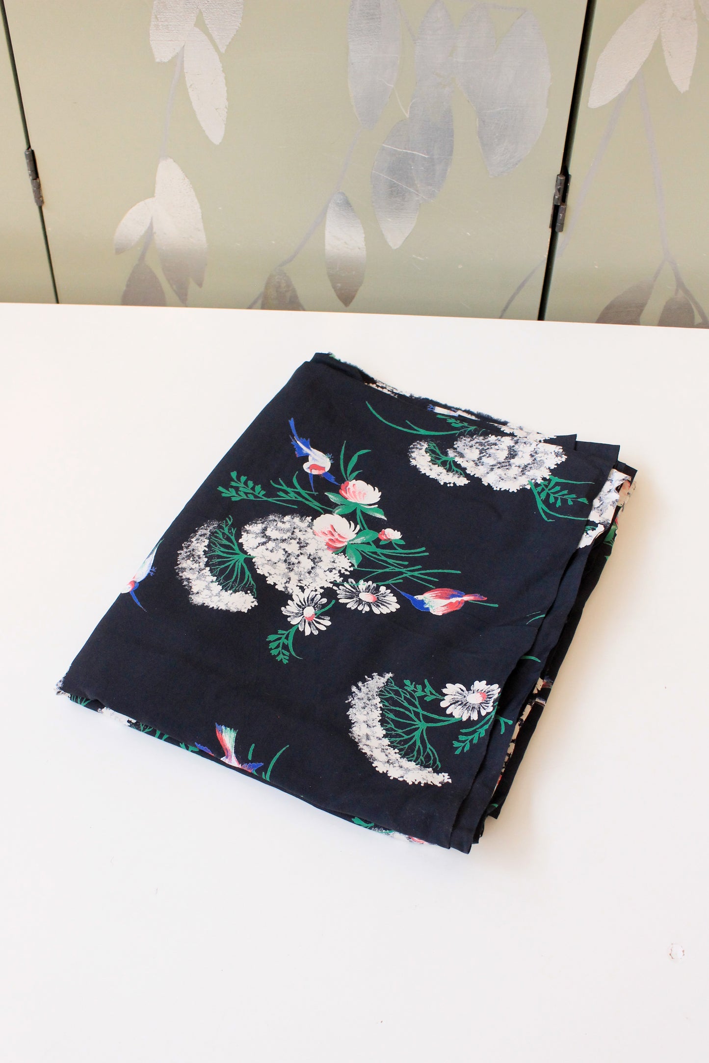 1940s Navy Blue Rayon Fabric With Hummingbirds Flying Though Flowers, 4 Yards